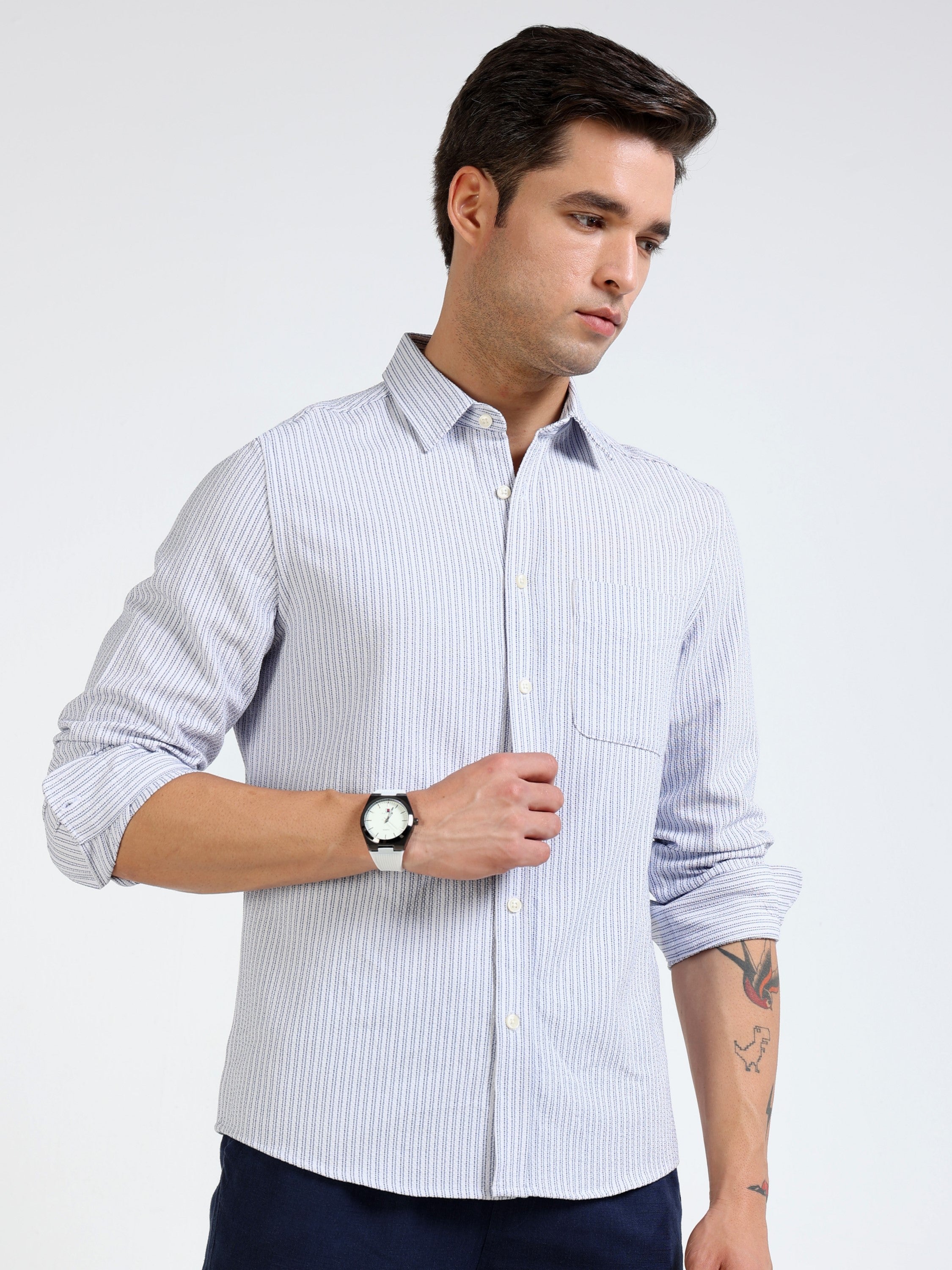 Men Blue & White Vertical Stripe Shirt