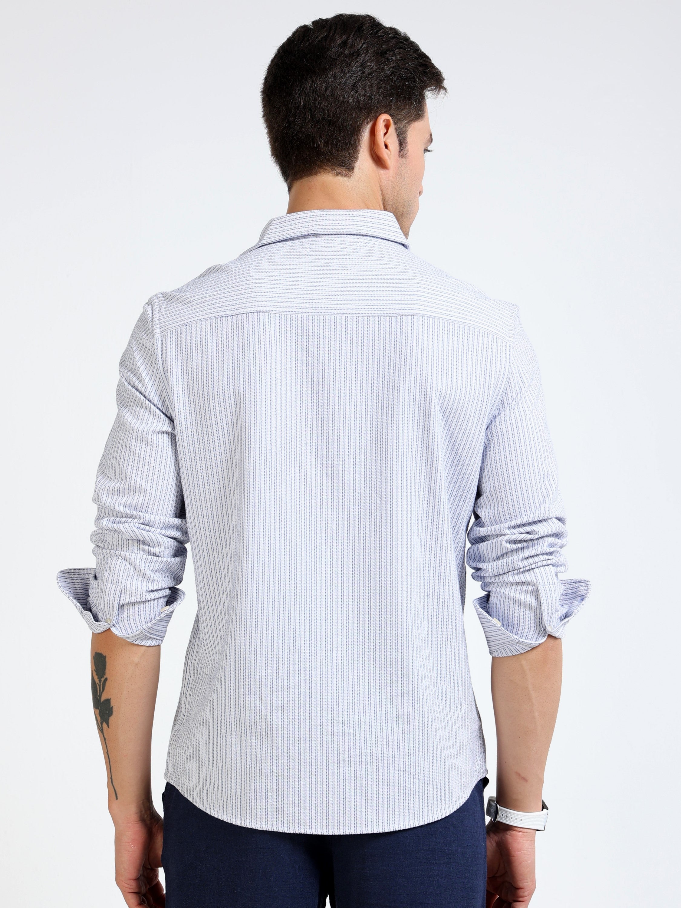 Men Blue & White Vertical Stripe Shirt