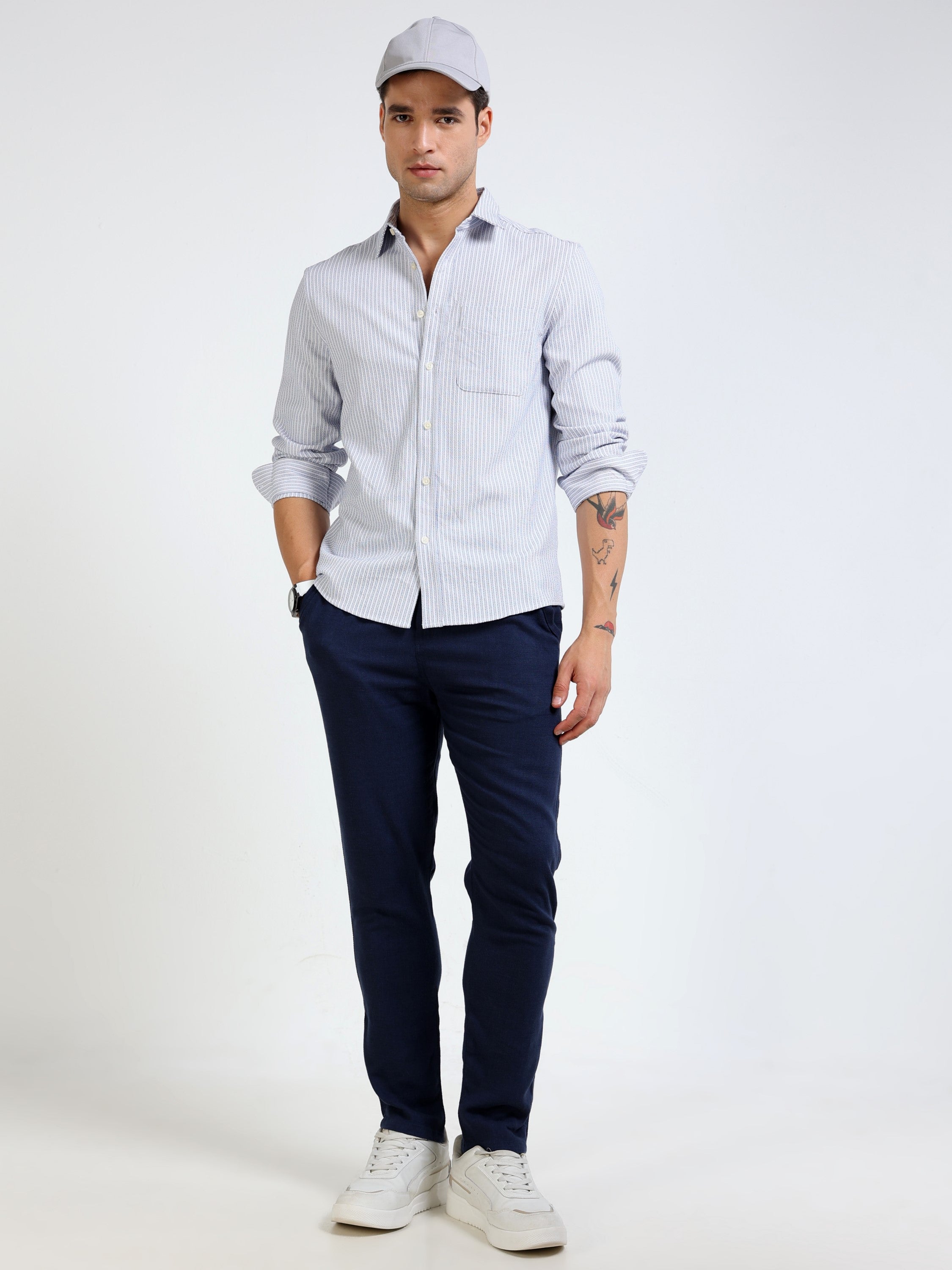 Men Blue & White Vertical Stripe Shirt