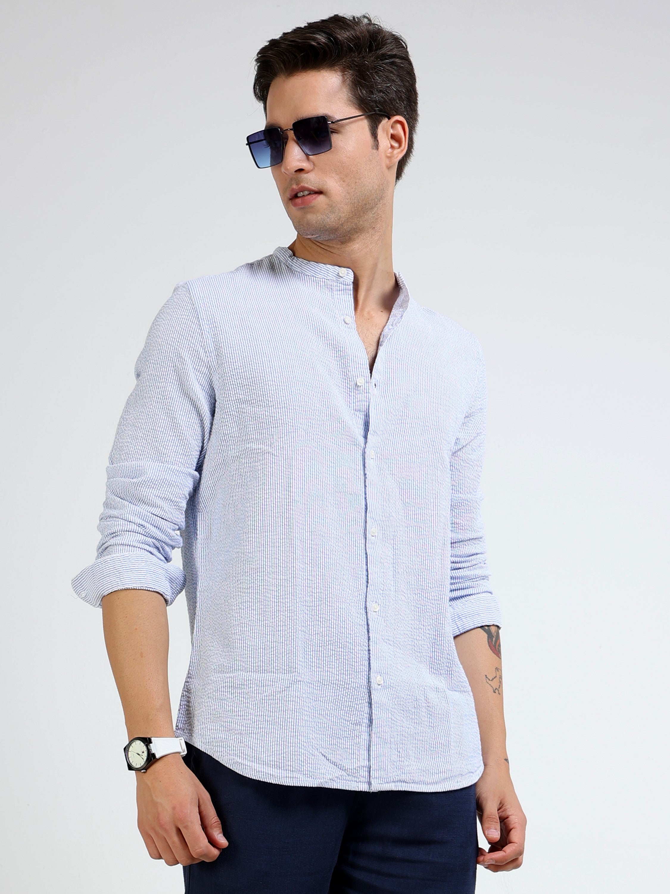 Men Blue Striped Regular Fit Shirt