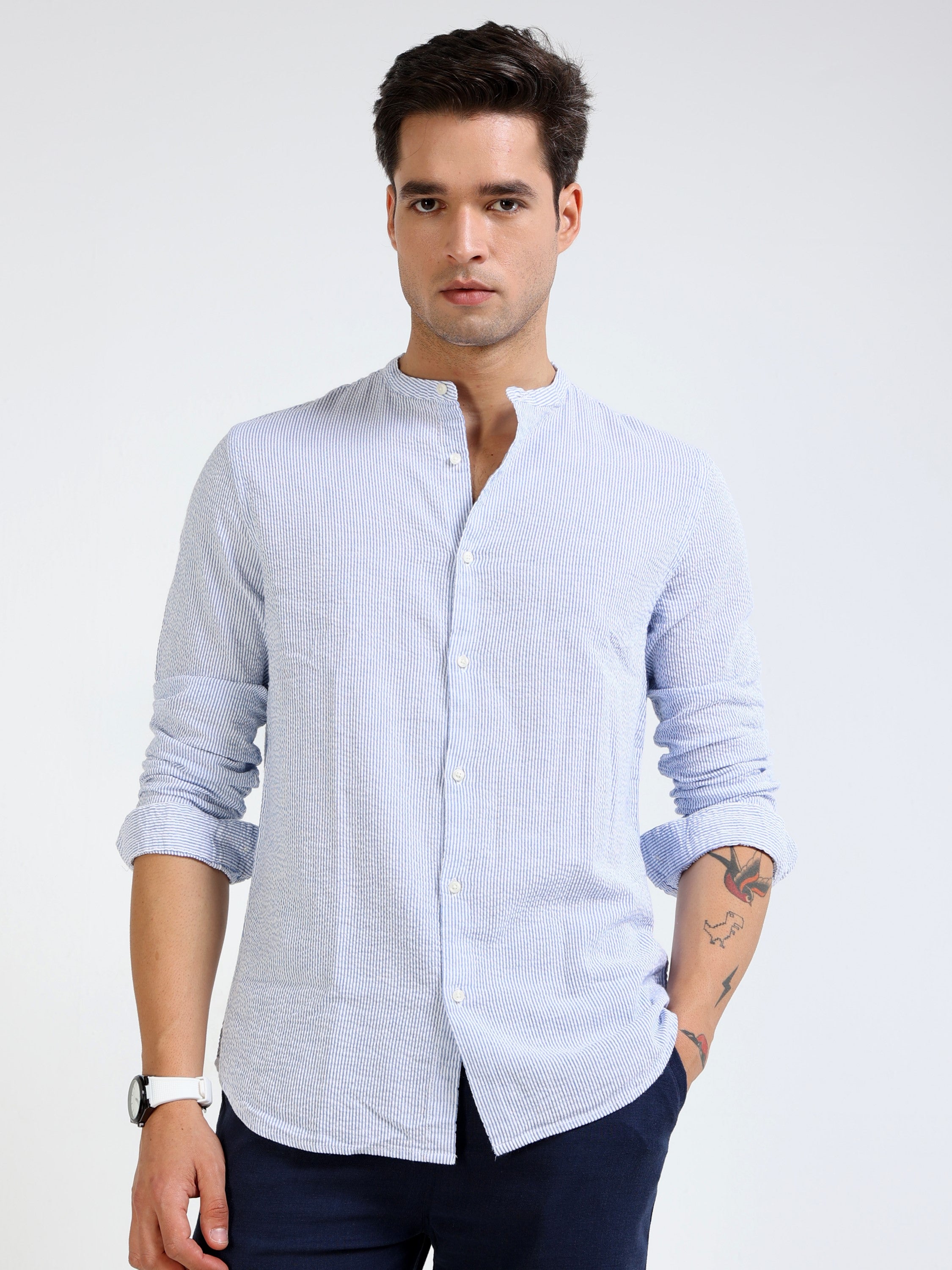 Men Blue Striped Regular Fit Shirt