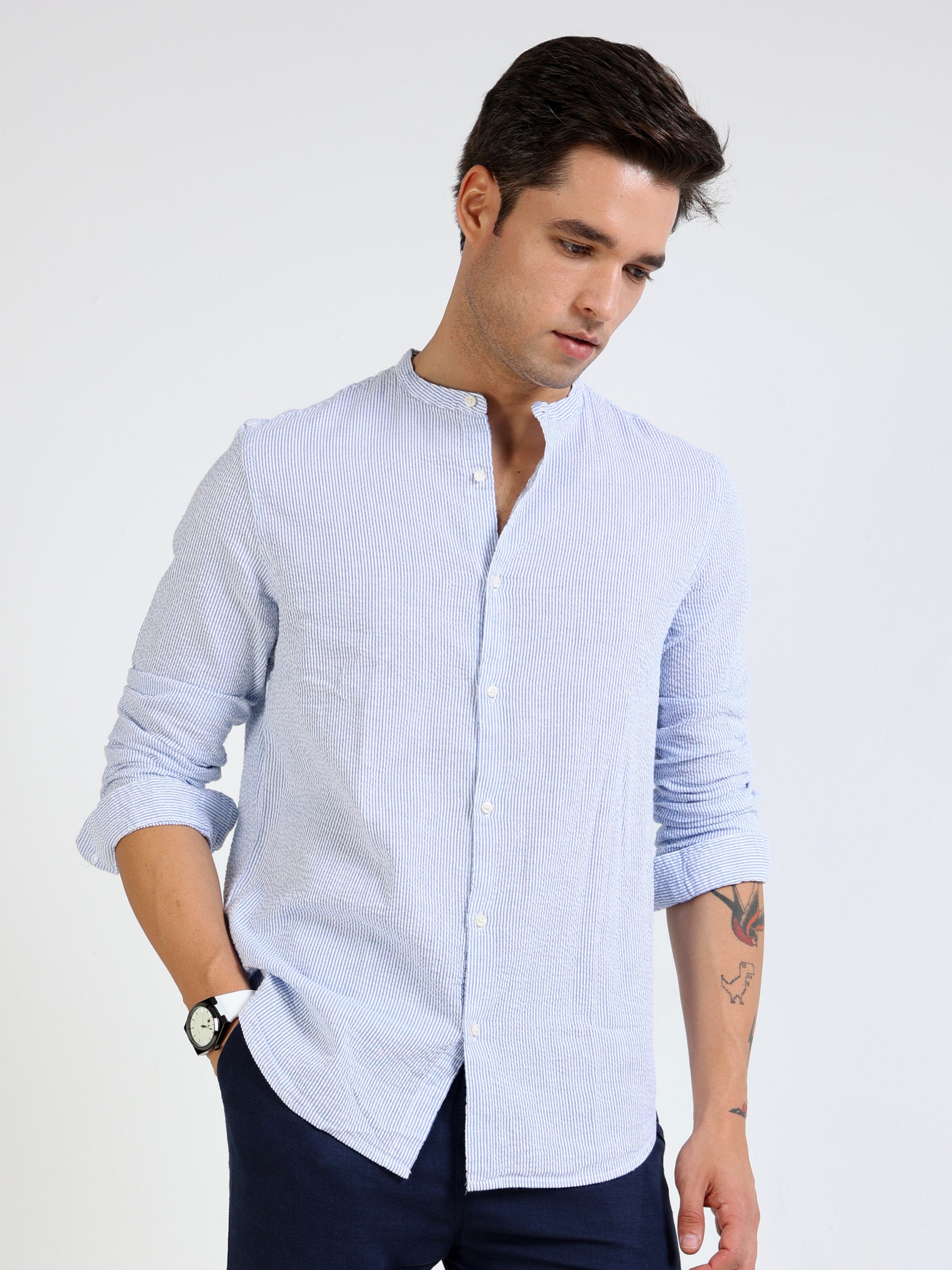 Men Blue Striped Regular Fit Shirt