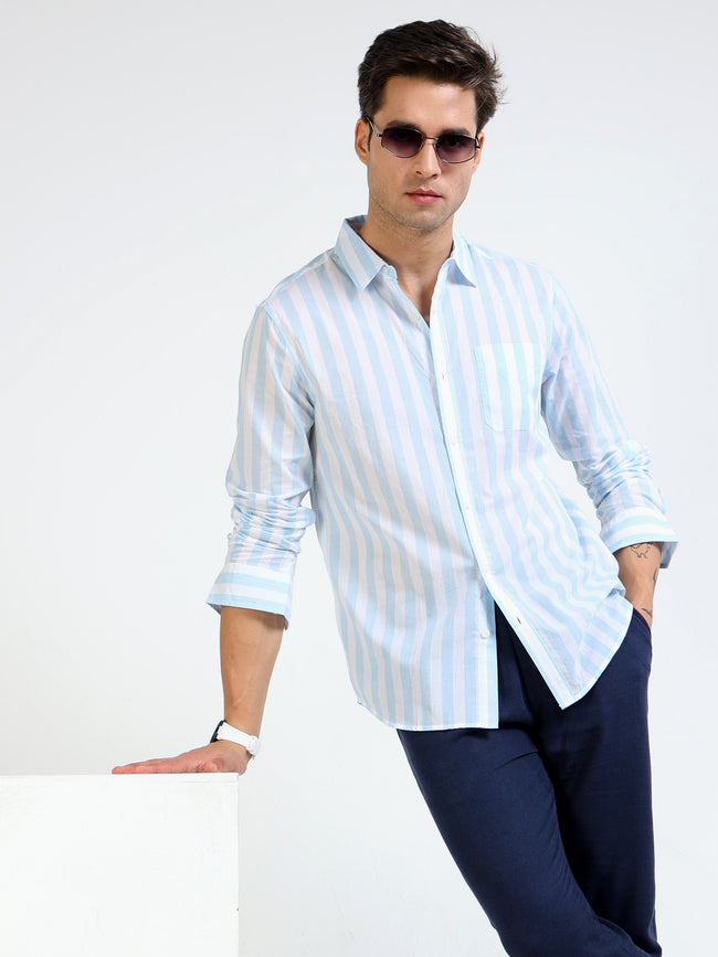 Men Blue & White Stripe Slim Fit Shirt