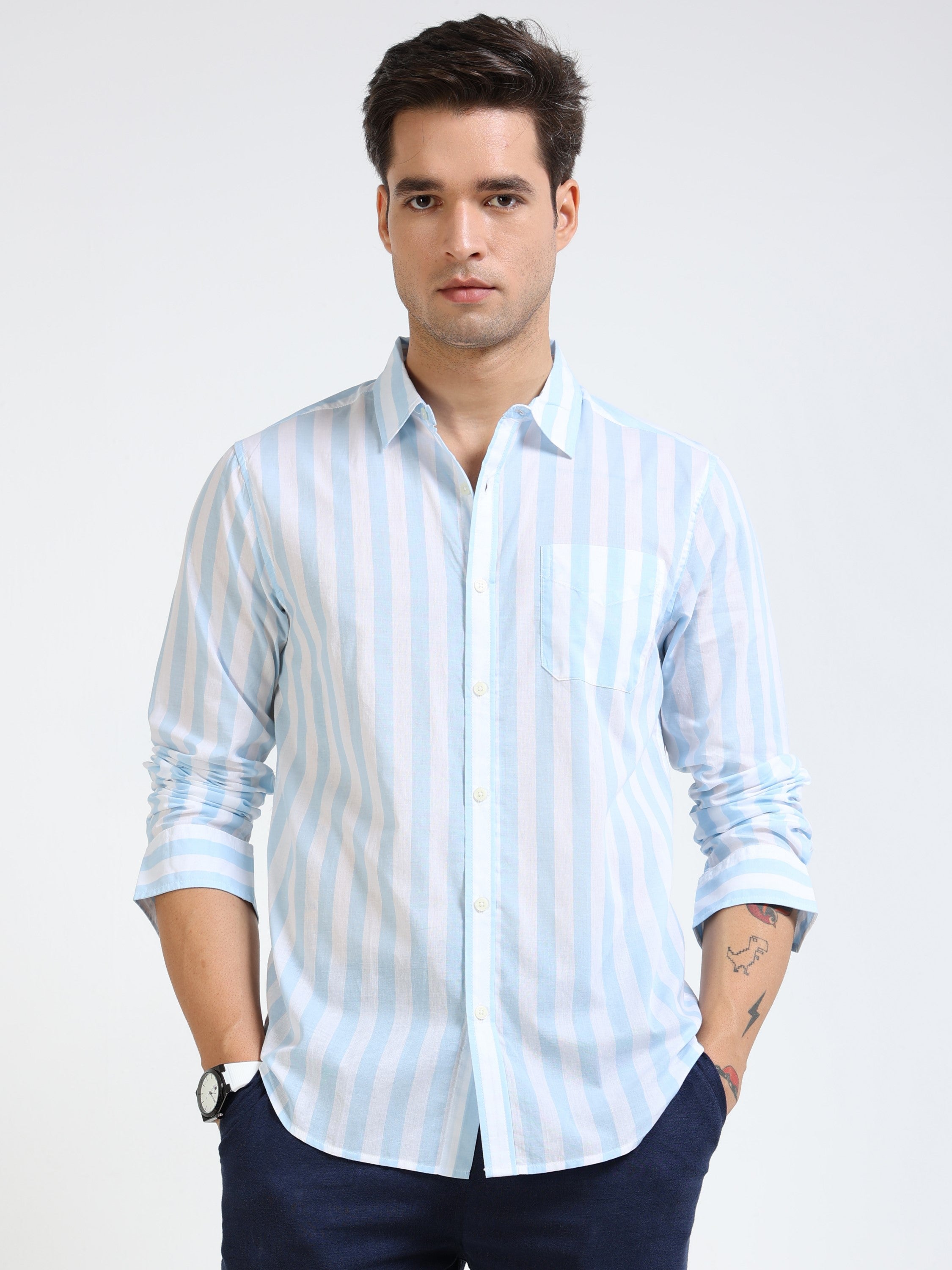 Men Blue & White Stripe Slim Fit Shirt