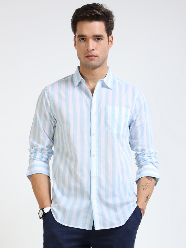 Men Blue & White Stripe Slim Fit Shirt