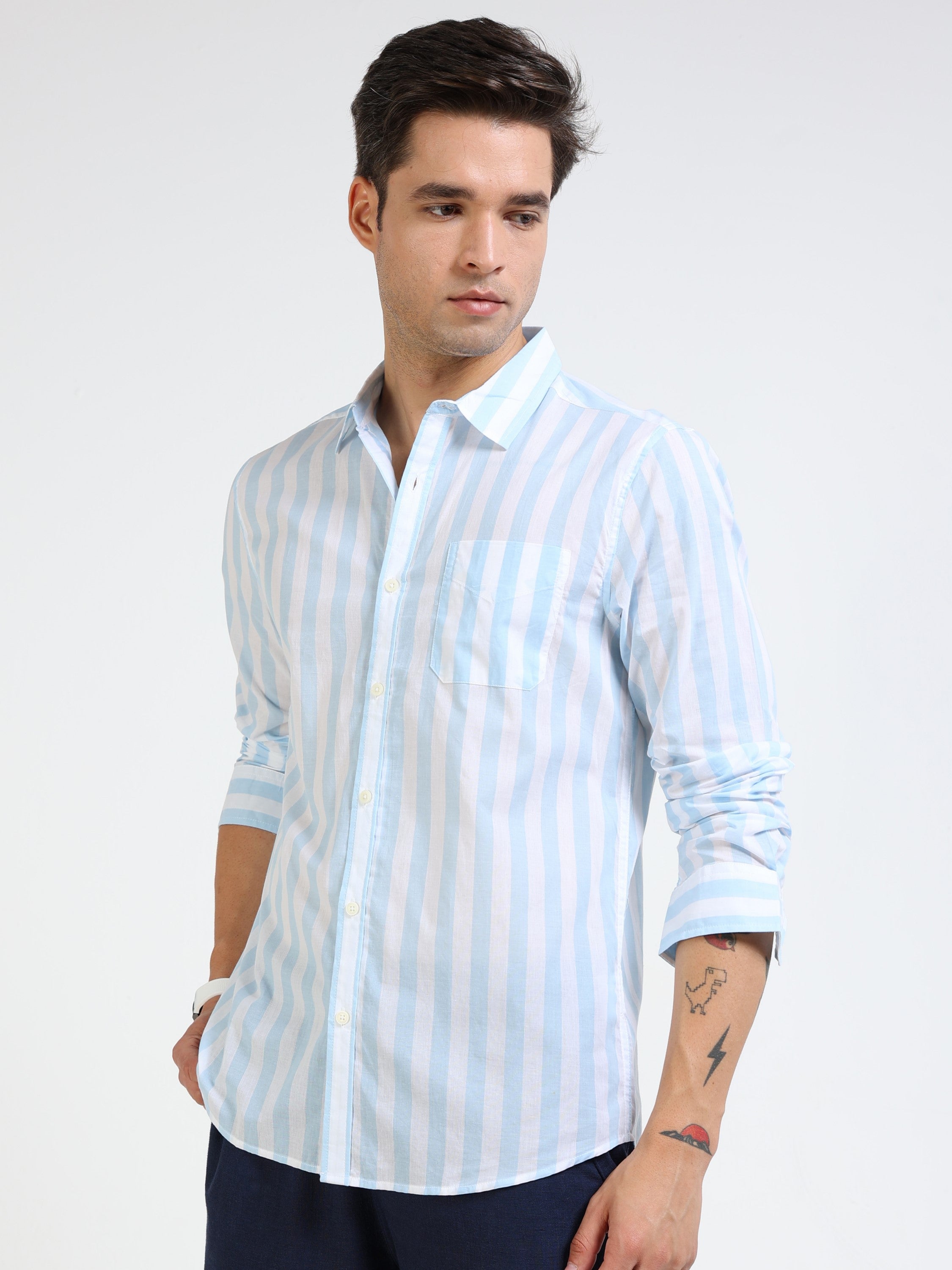 Men Blue & White Stripe Slim Fit Shirt