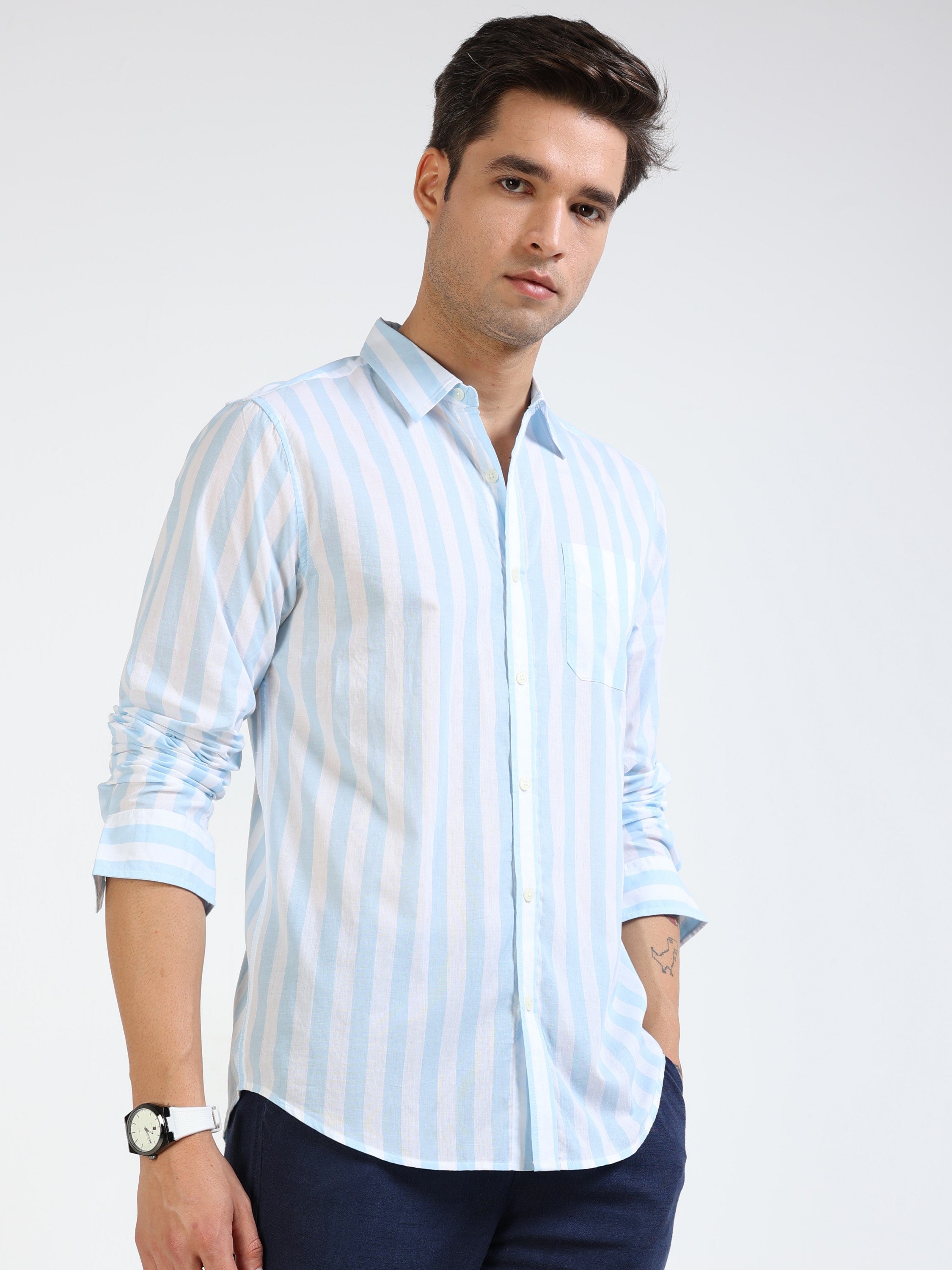 Men Blue & White Stripe Slim Fit Shirt