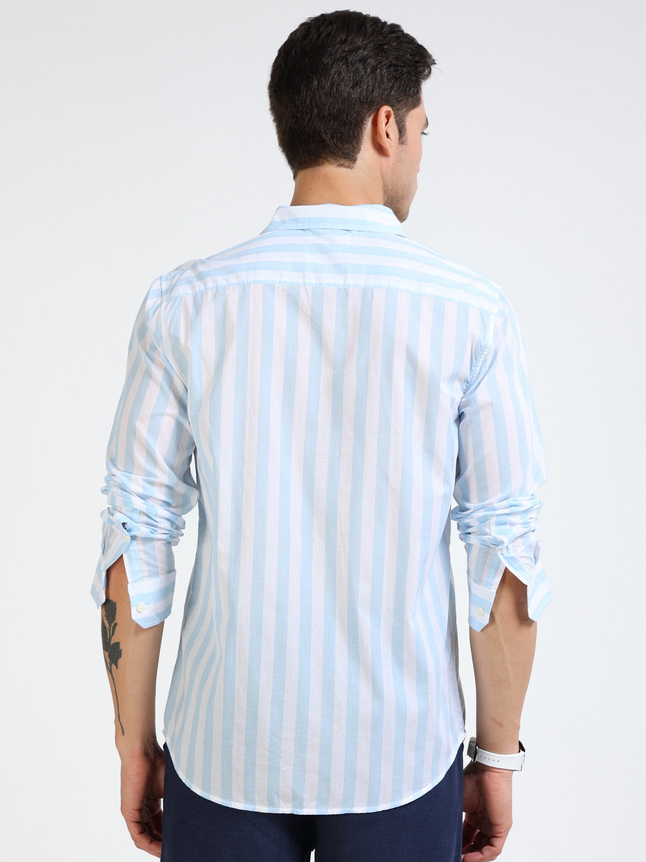 Men Blue & White Stripe Slim Fit Shirt