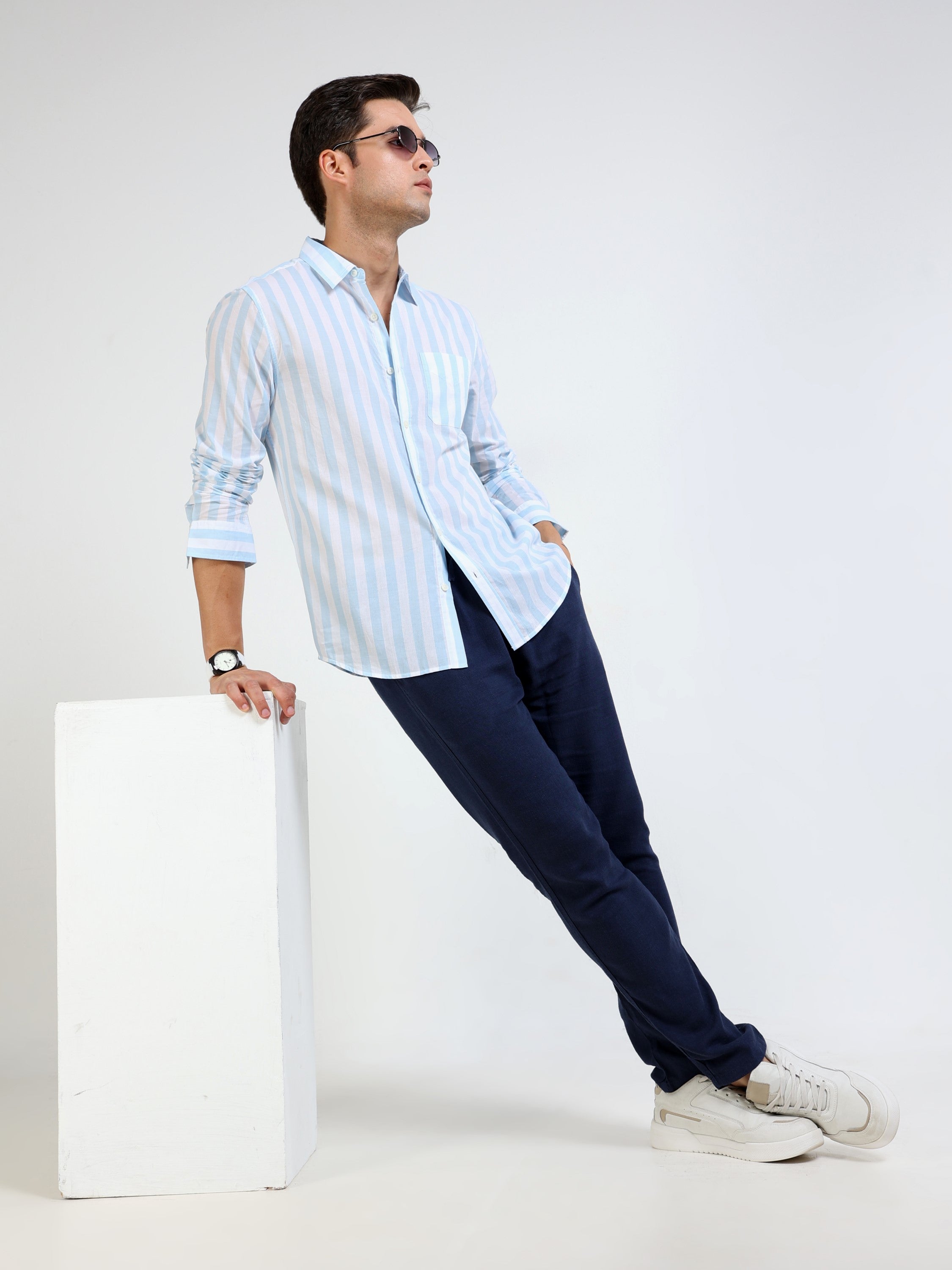 Men Blue & White Stripe Slim Fit Shirt