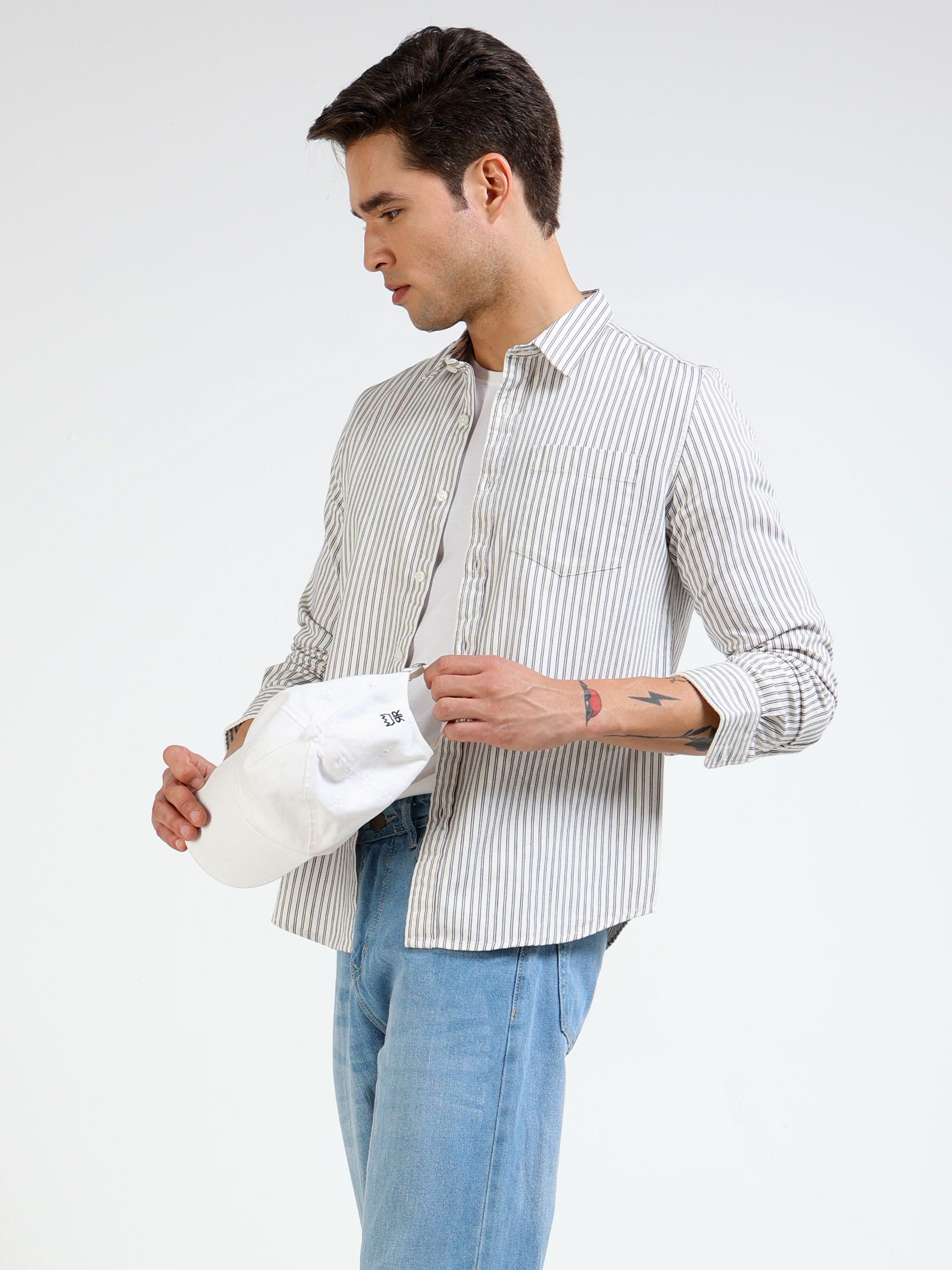 Men Grey & white Stripe Slim Fit shirt
