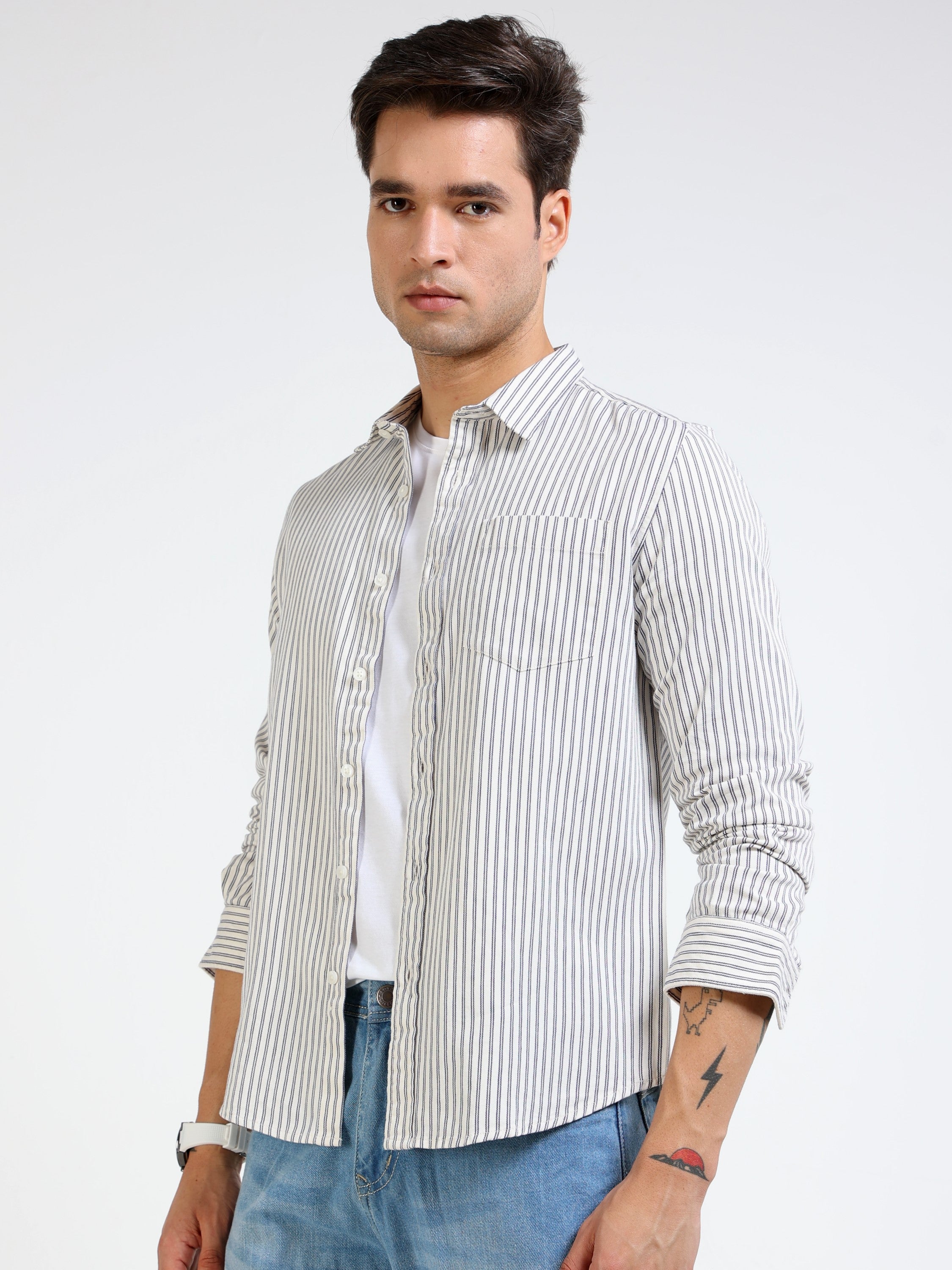 Men Grey & white Stripe Slim Fit shirt