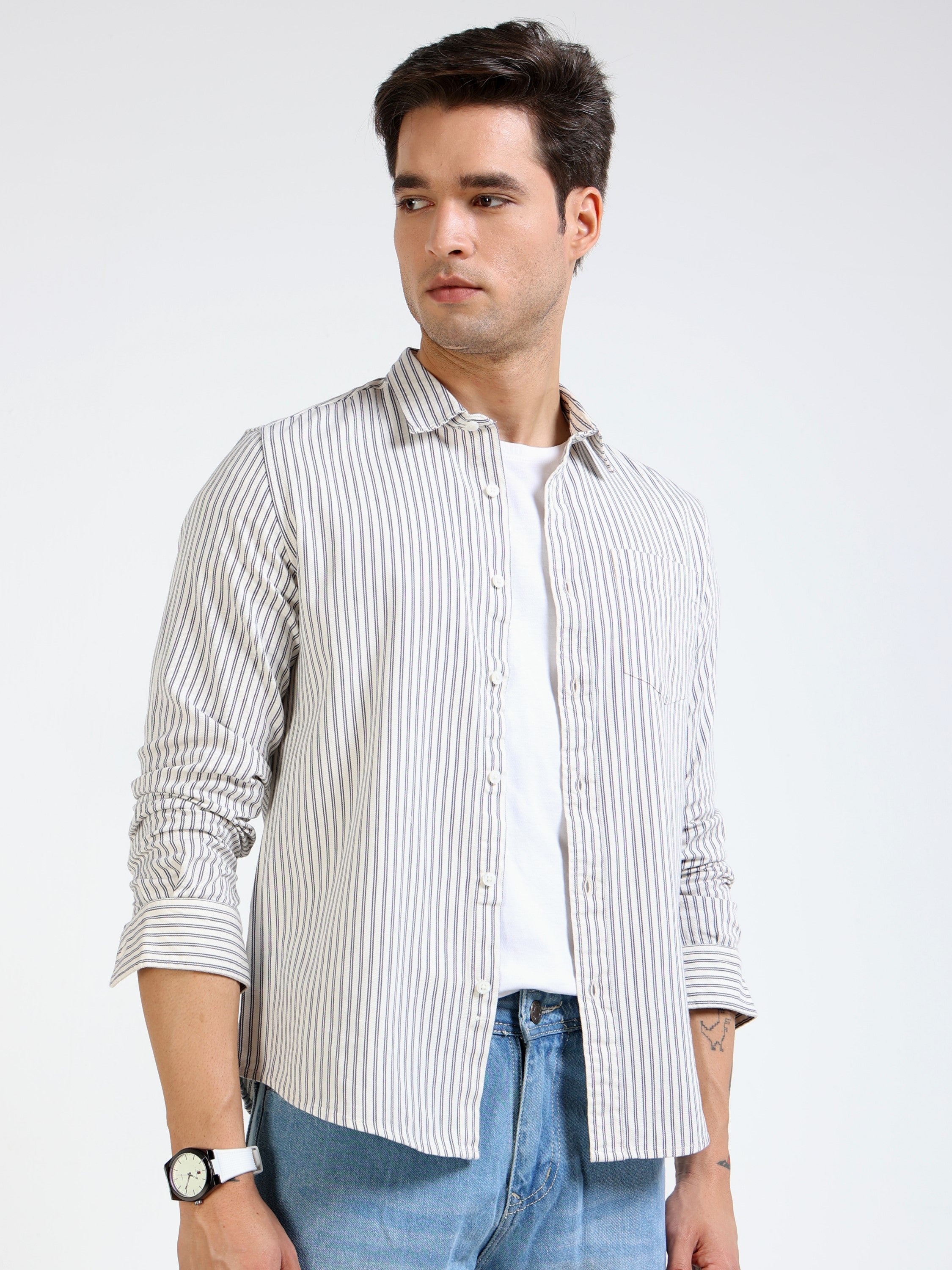 Men Grey & white Stripe Slim Fit shirt