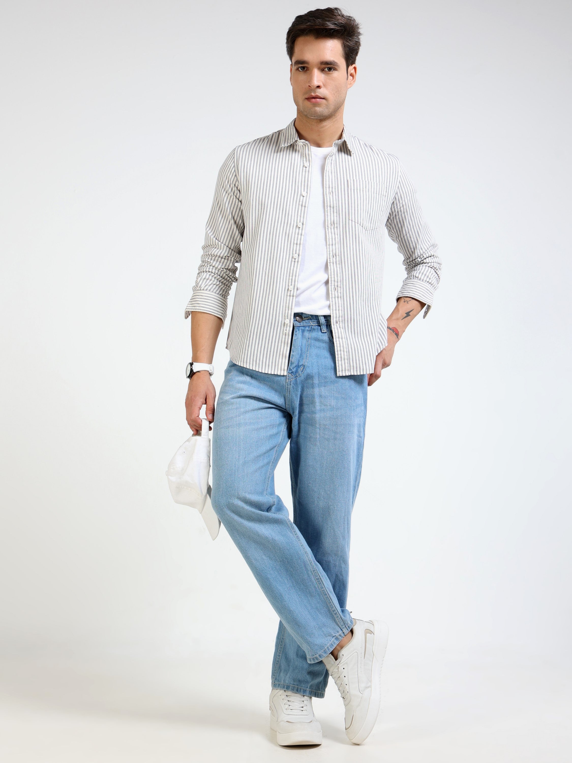 Men Grey & white Stripe Slim Fit shirt