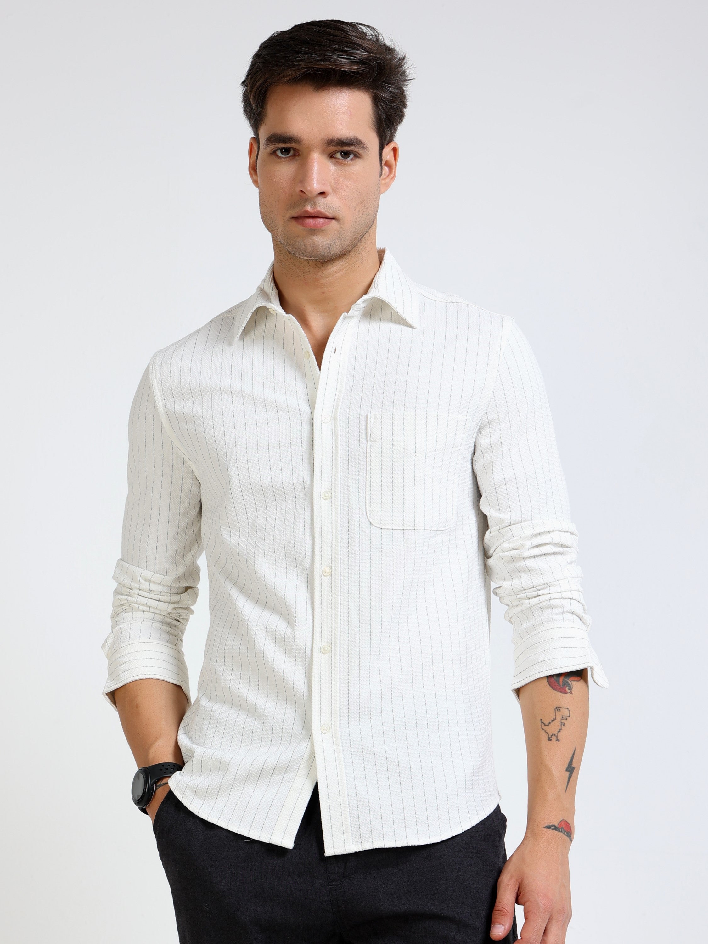 Men White & Black Striped Regular Fit Shirt