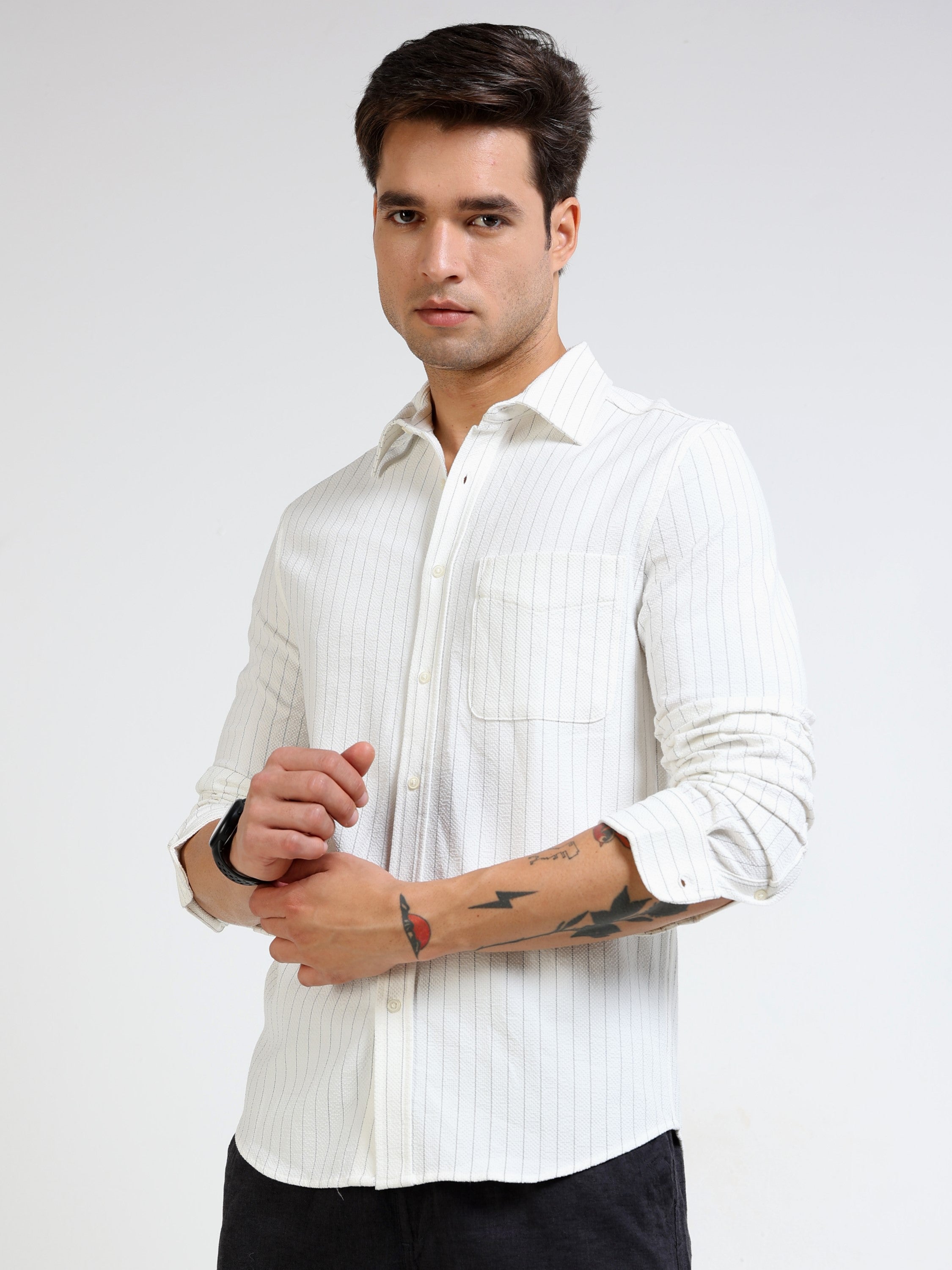 Men White & Black Striped Regular Fit Shirt