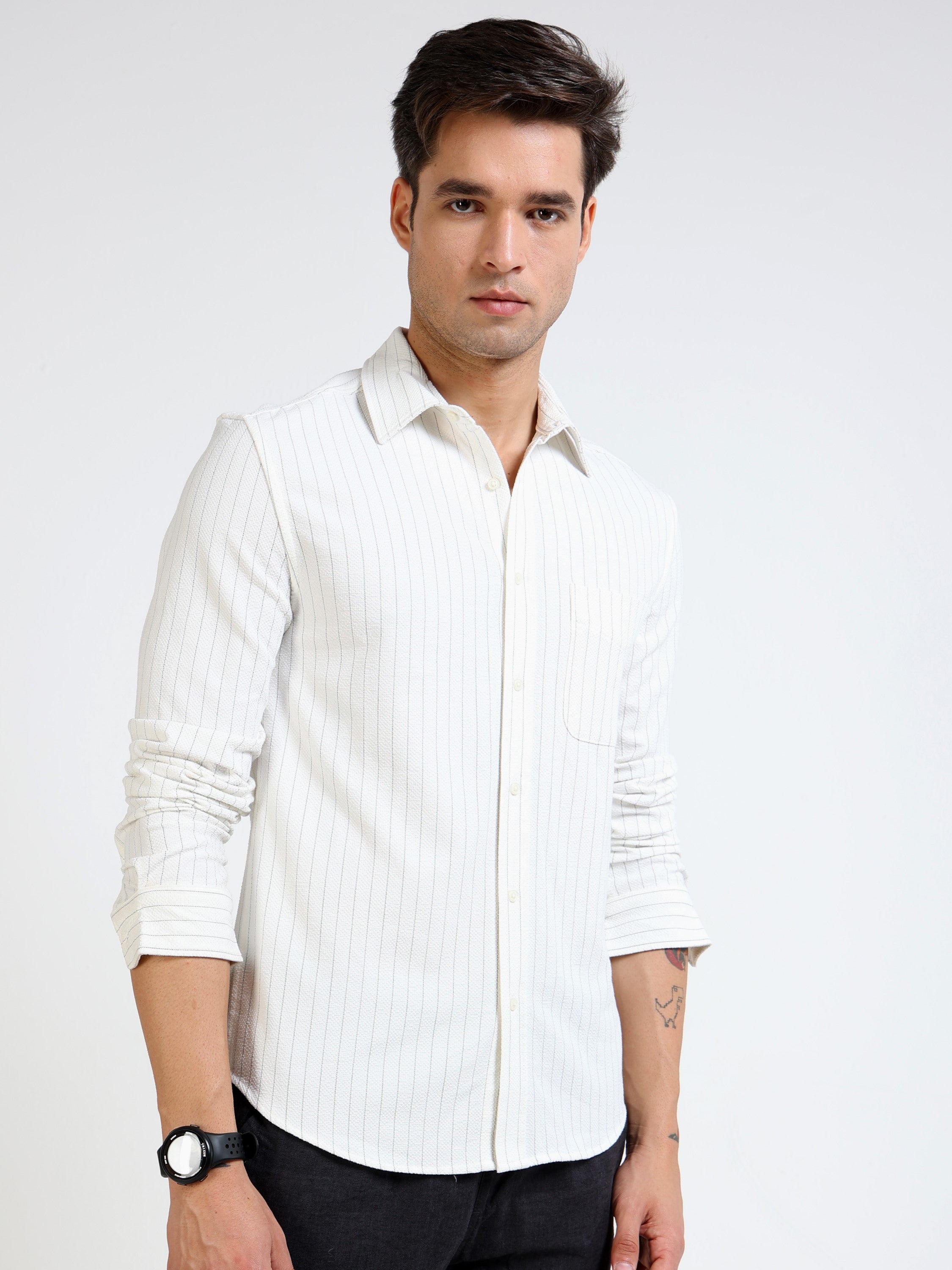 Men White & Black Striped Regular Fit Shirt