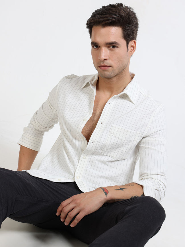 Men White & Black Striped Regular Fit Shirt