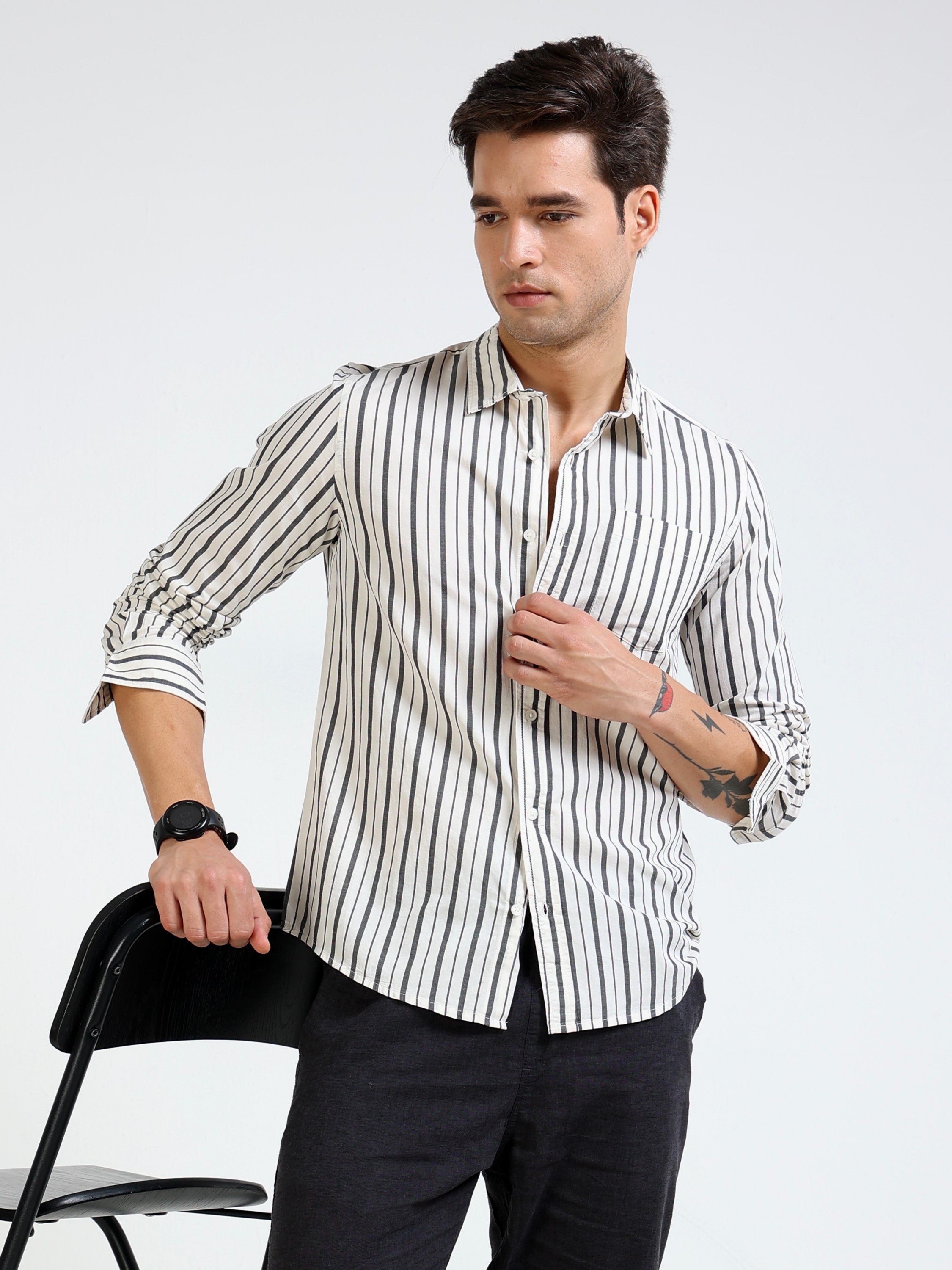 Men Black & White Stripe Slim fit Shirt