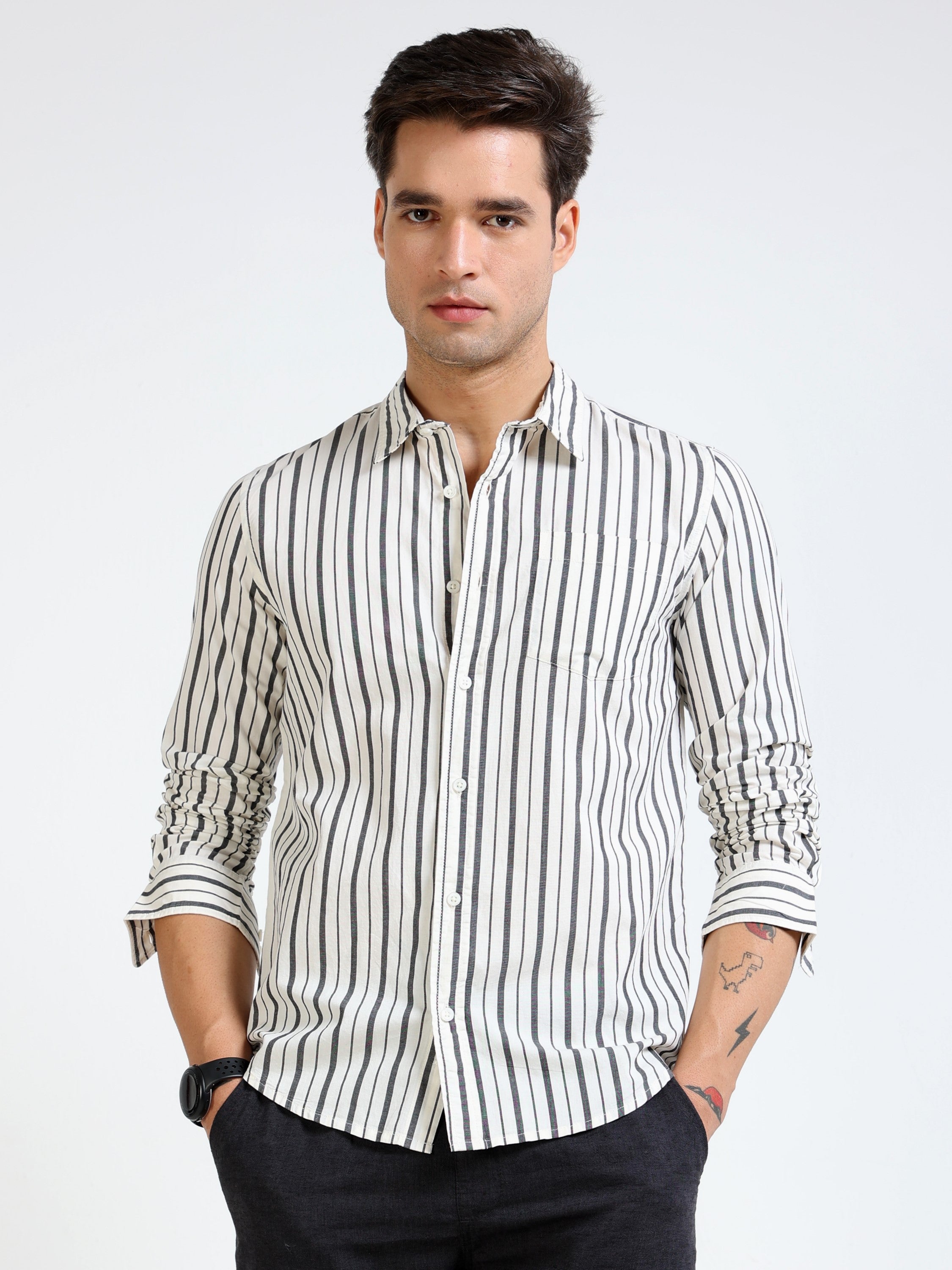 Men Black & White Stripe Slim fit Shirt