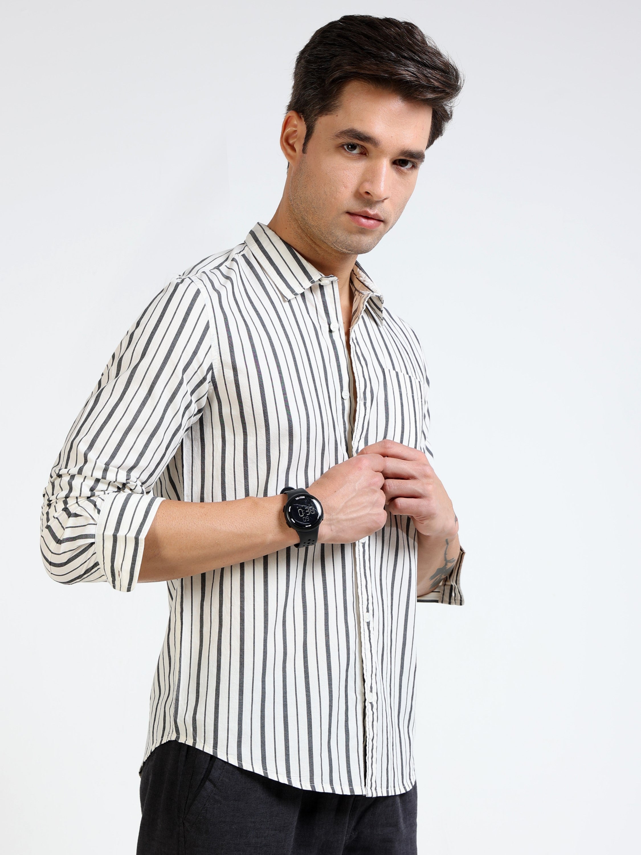 Men Black & White Stripe Slim fit Shirt
