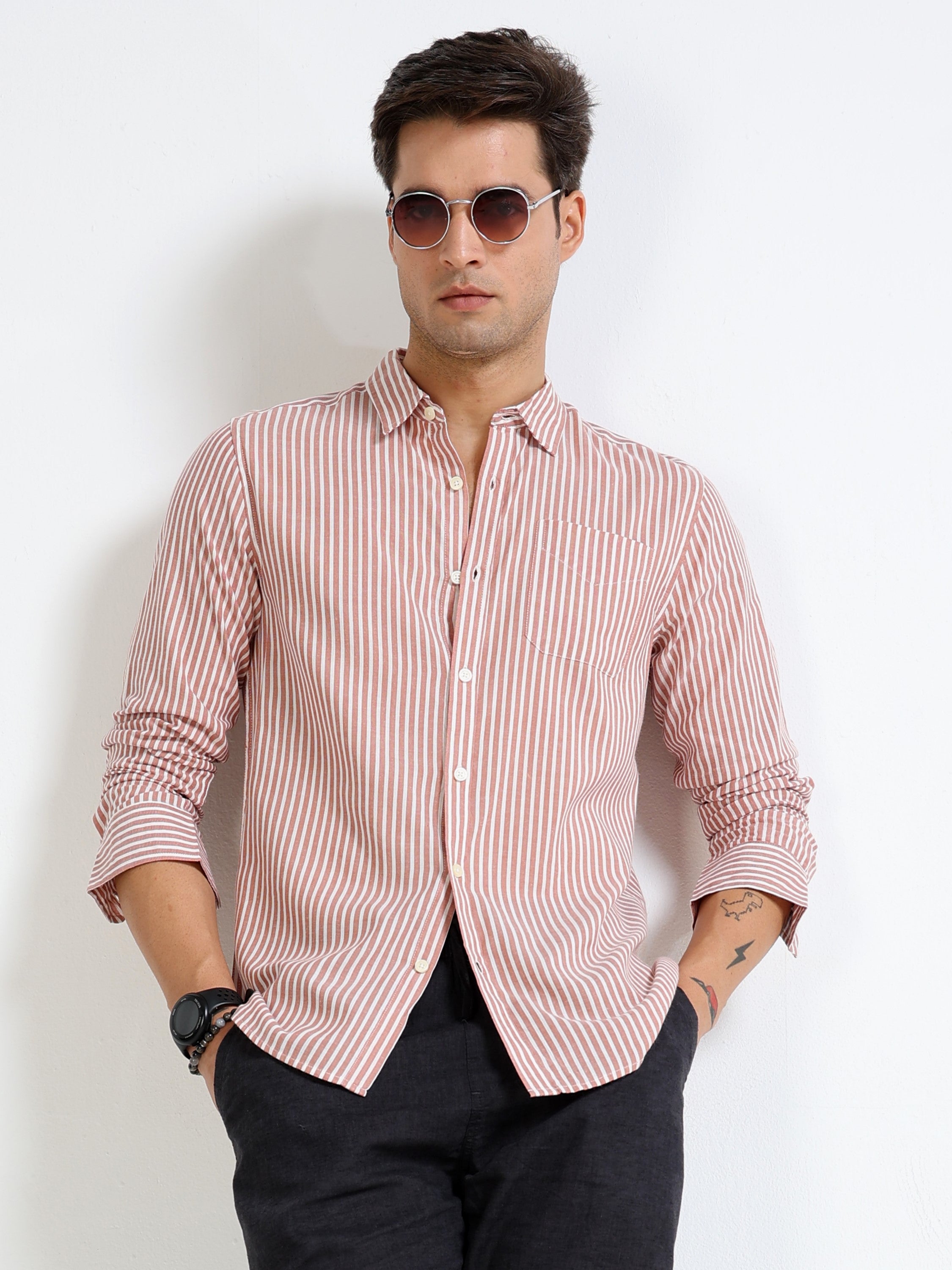 Men Rust & White Stripe Slim Fit Shirt