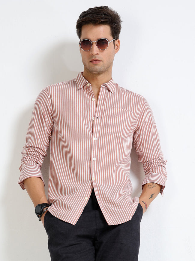 Men Rust & White Stripe Slim Fit Shirt