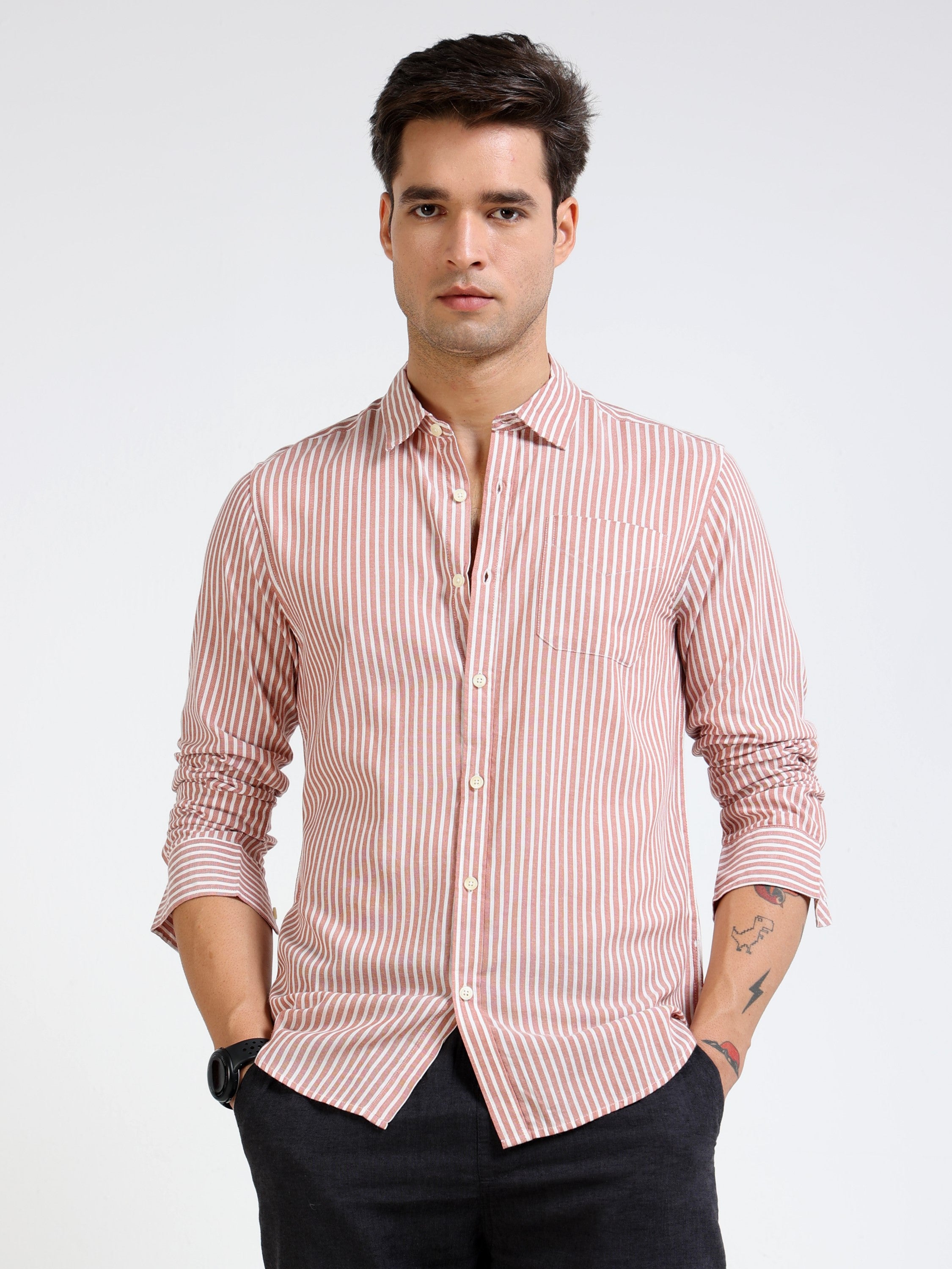 Men Rust & White Stripe Slim Fit Shirt