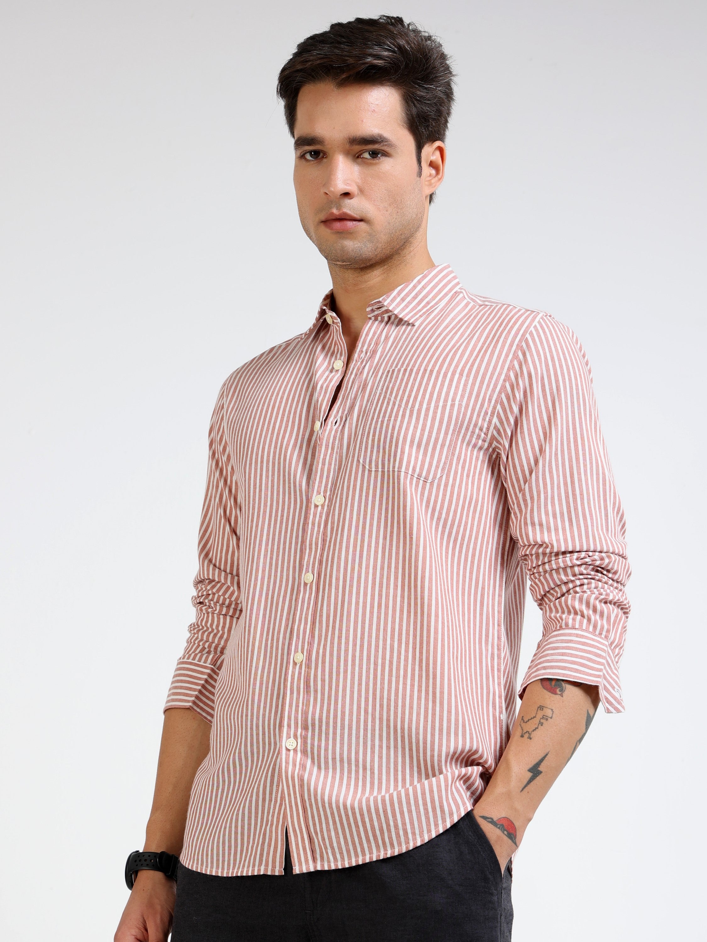 Men Rust & White Stripe Slim Fit Shirt