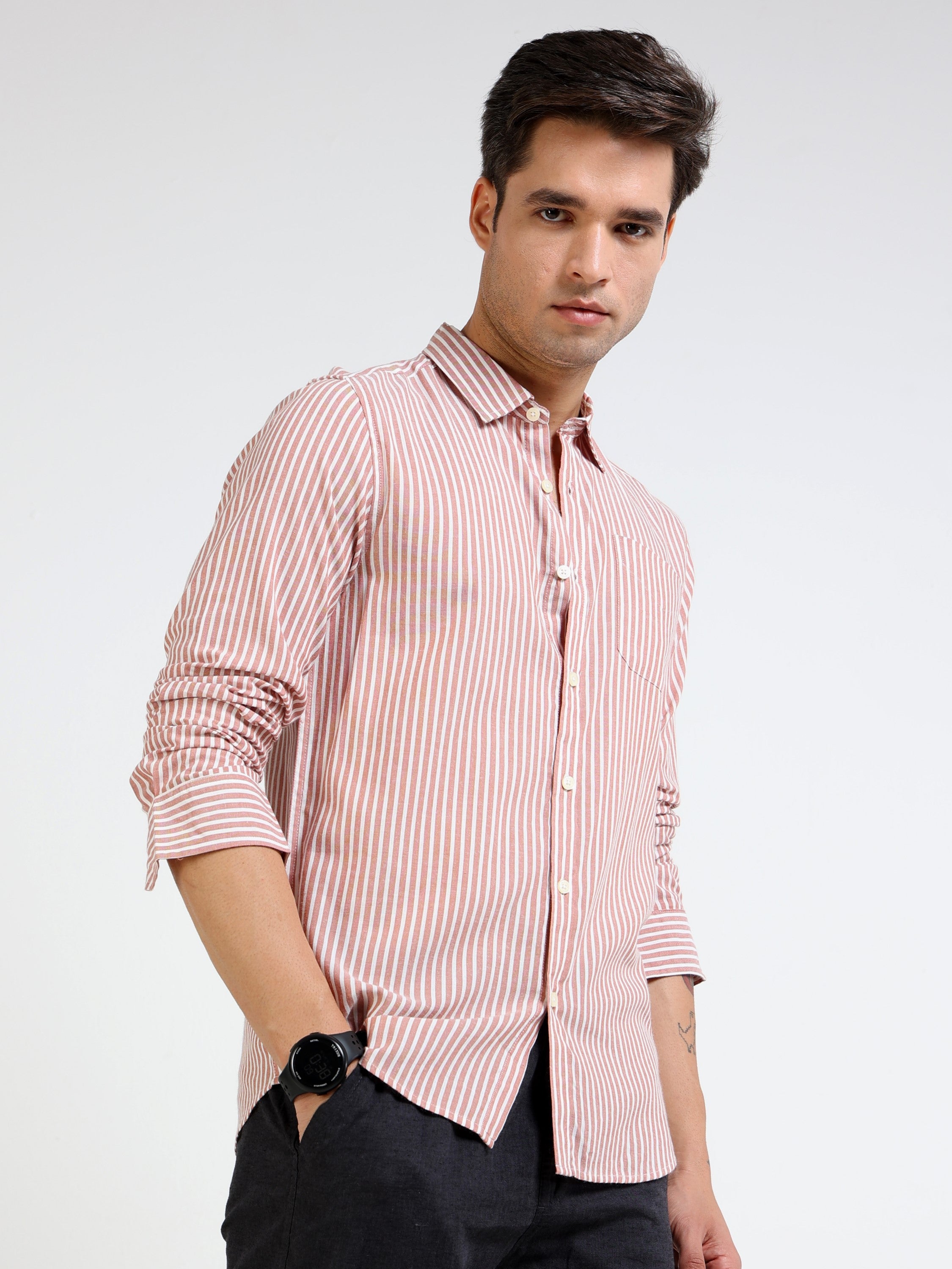 Men Rust & White Stripe Slim Fit Shirt