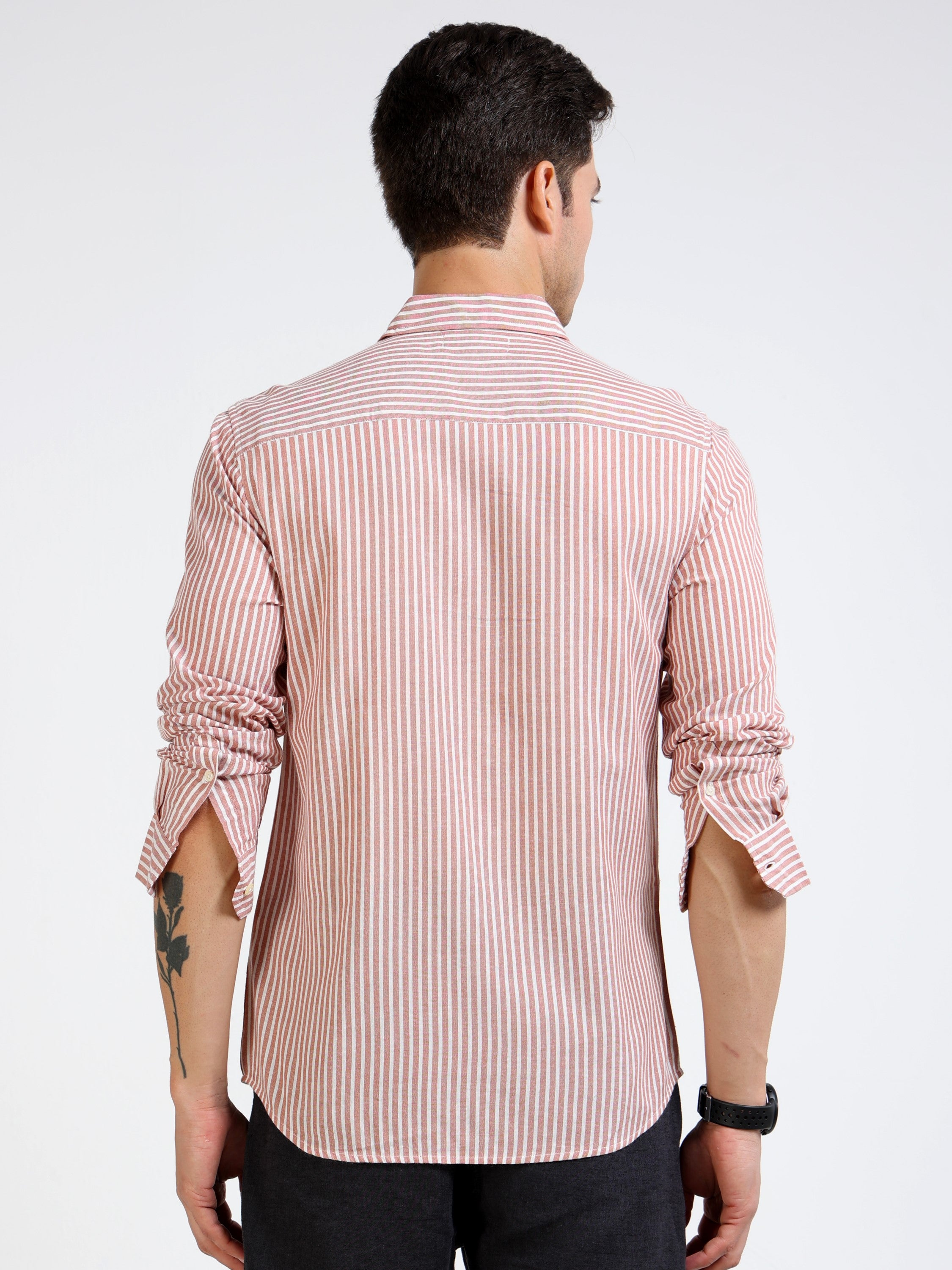 Men Rust & White Stripe Slim Fit Shirt