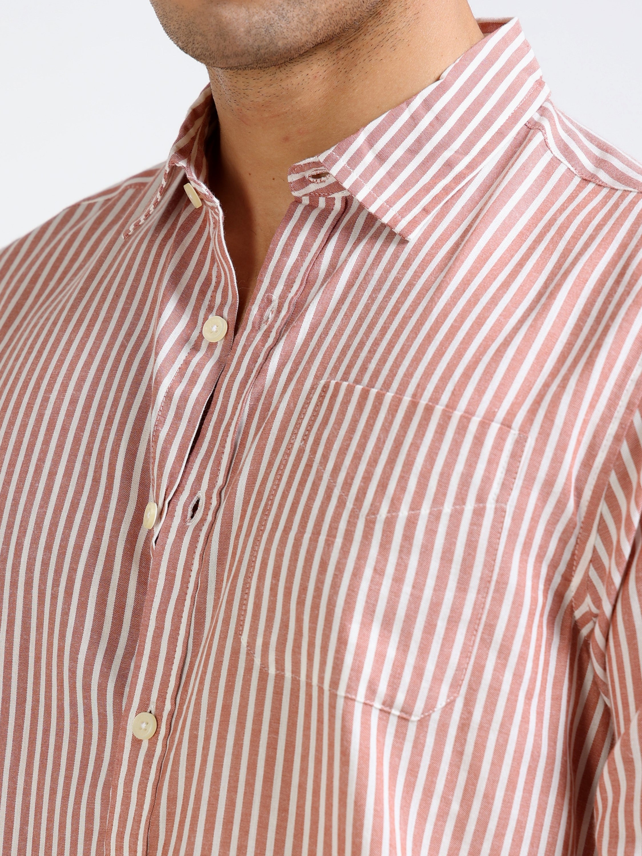 Men Rust & White Stripe Slim Fit Shirt
