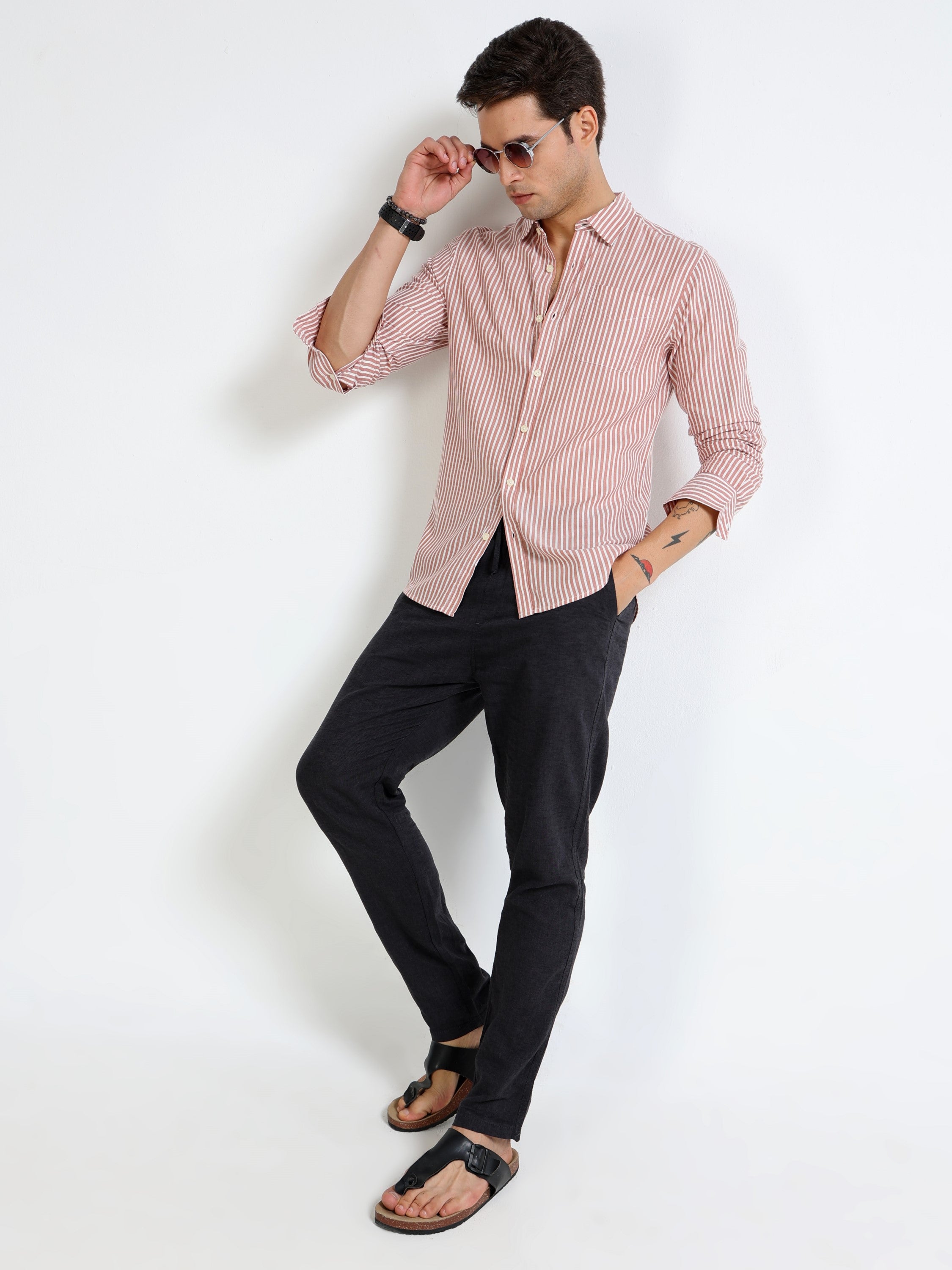 Men Rust & White Stripe Slim Fit Shirt