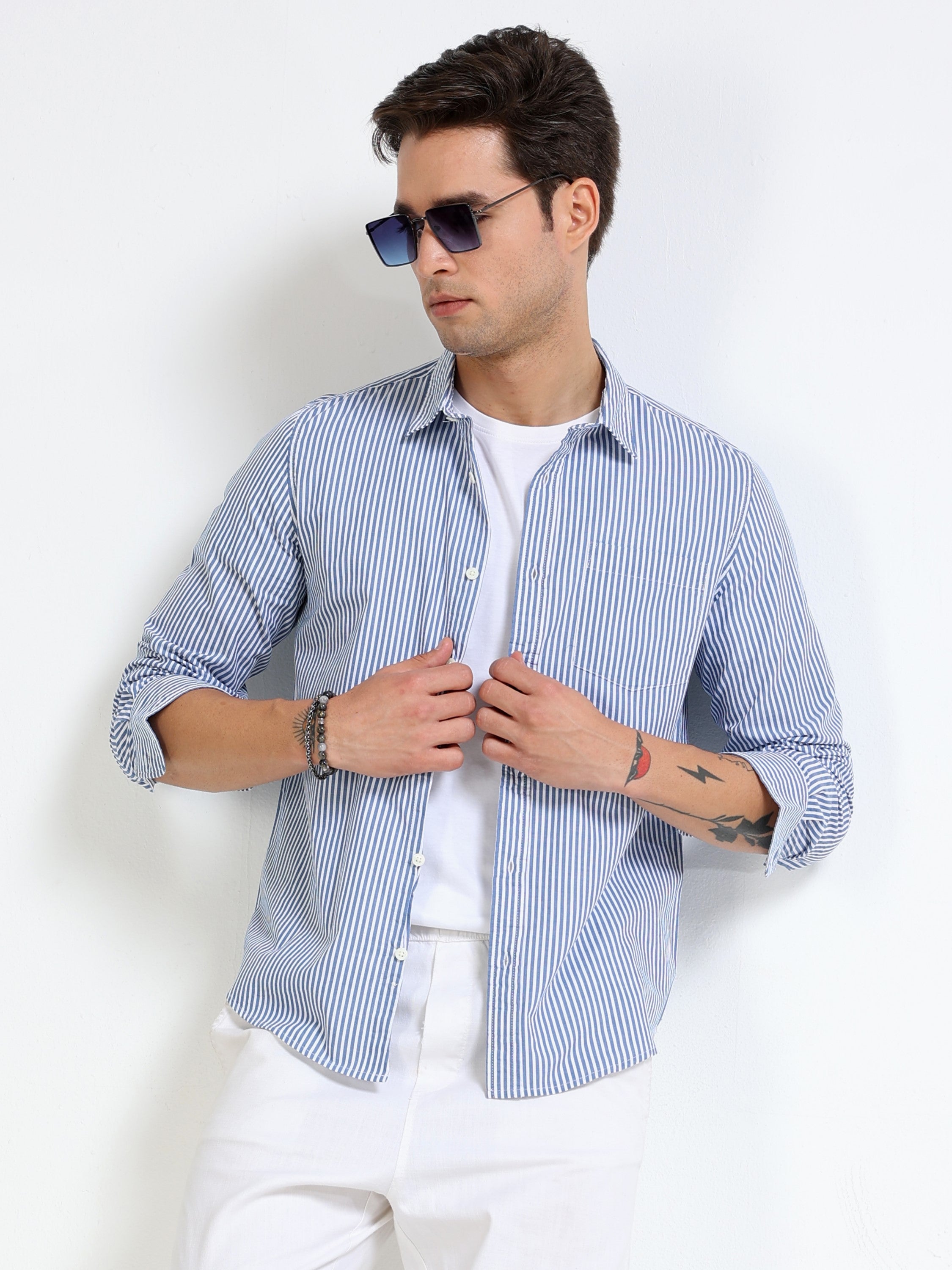 Men Blue & White Stripe Slim Fit Shirt
