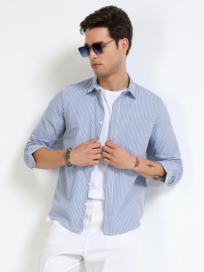 Men Blue & White Stripe Slim Fit Shirt