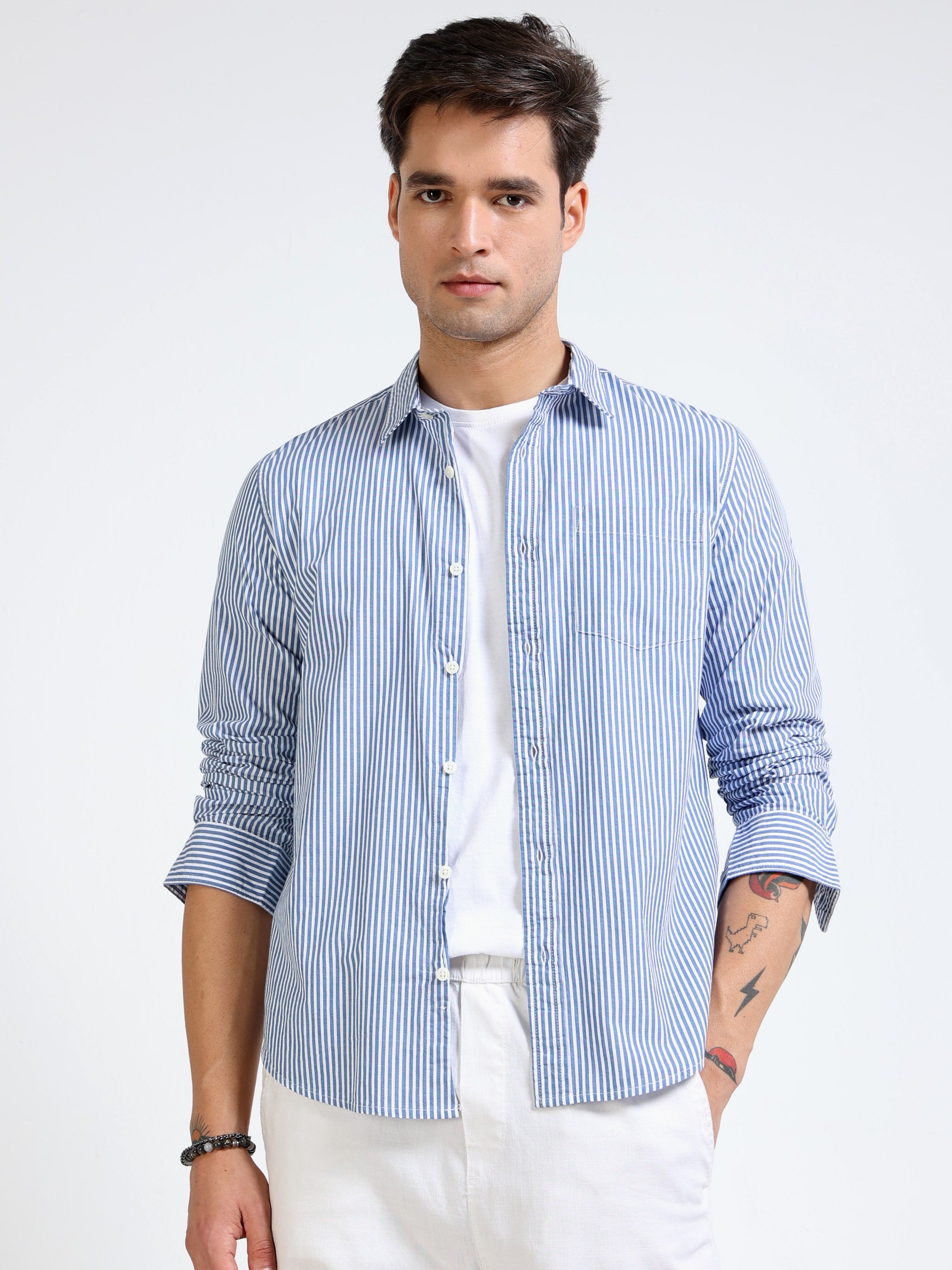 Men Blue & White Stripe Slim Fit Shirt