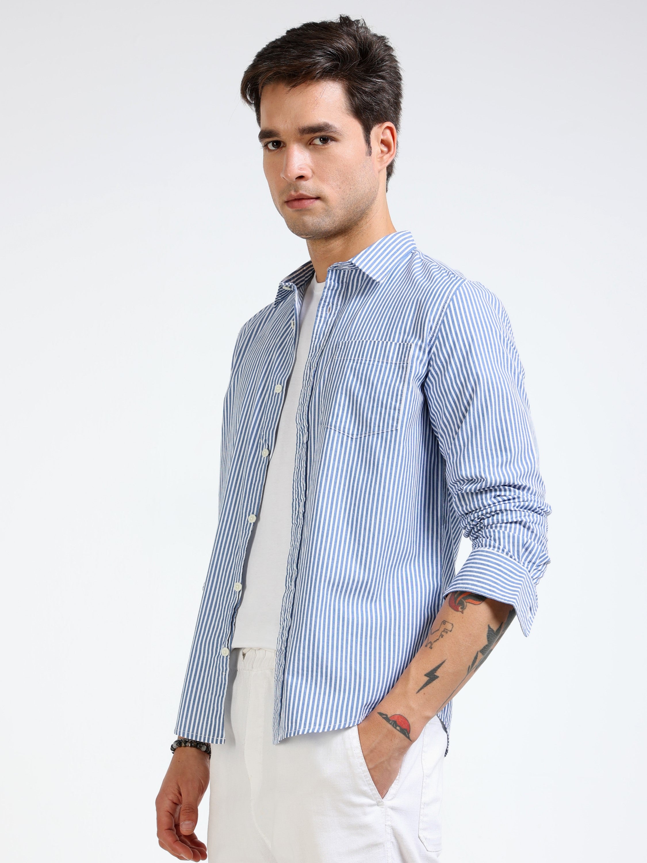 Men Blue & White Stripe Slim Fit Shirt