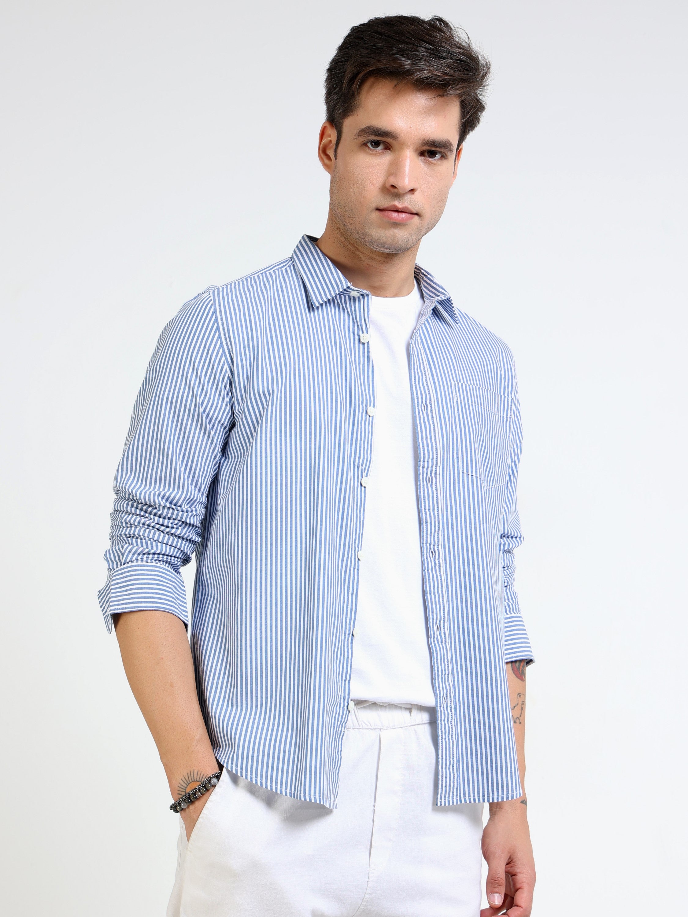 Men Blue & White Stripe Slim Fit Shirt