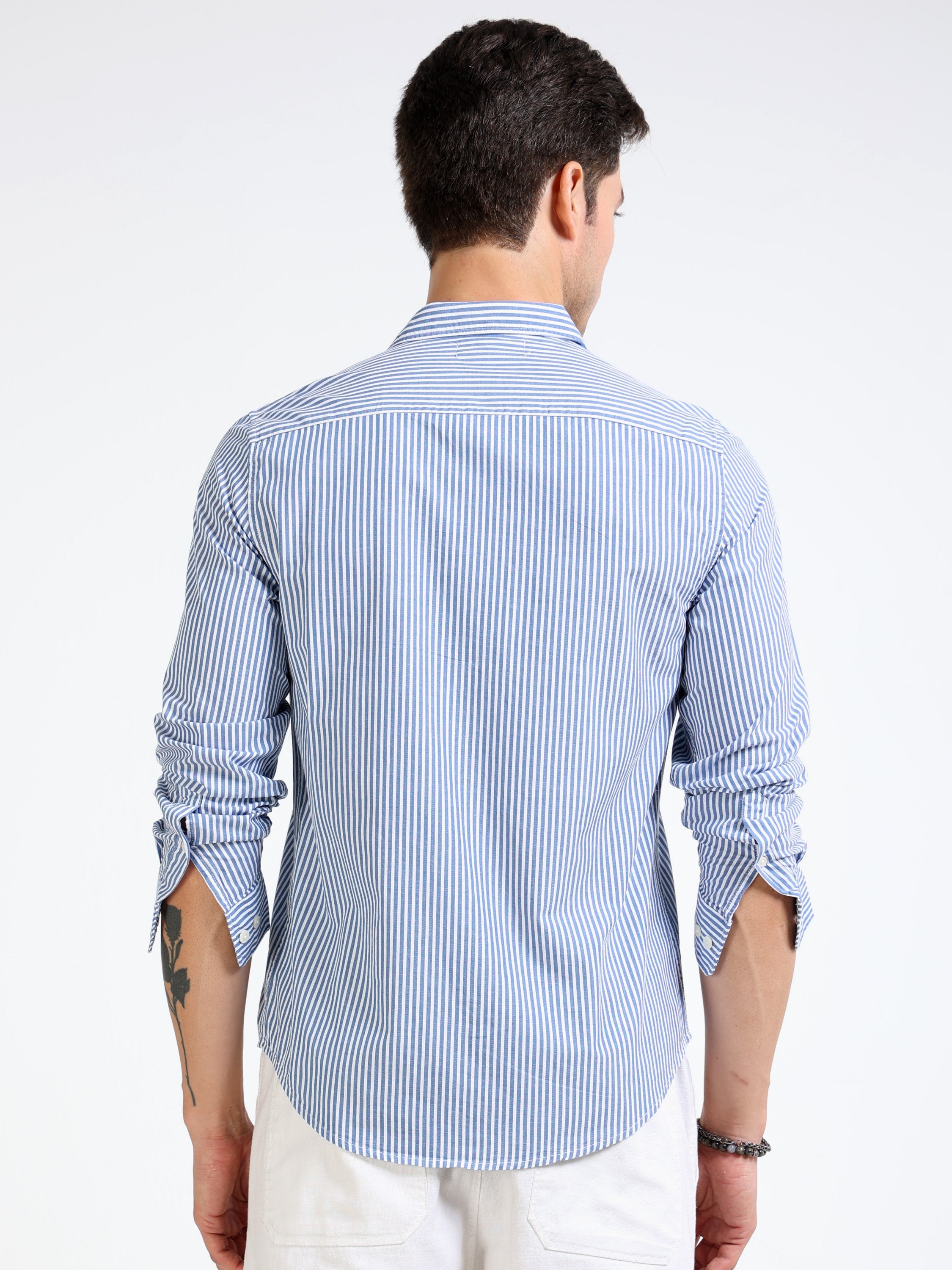 Men Blue & White Stripe Slim Fit Shirt