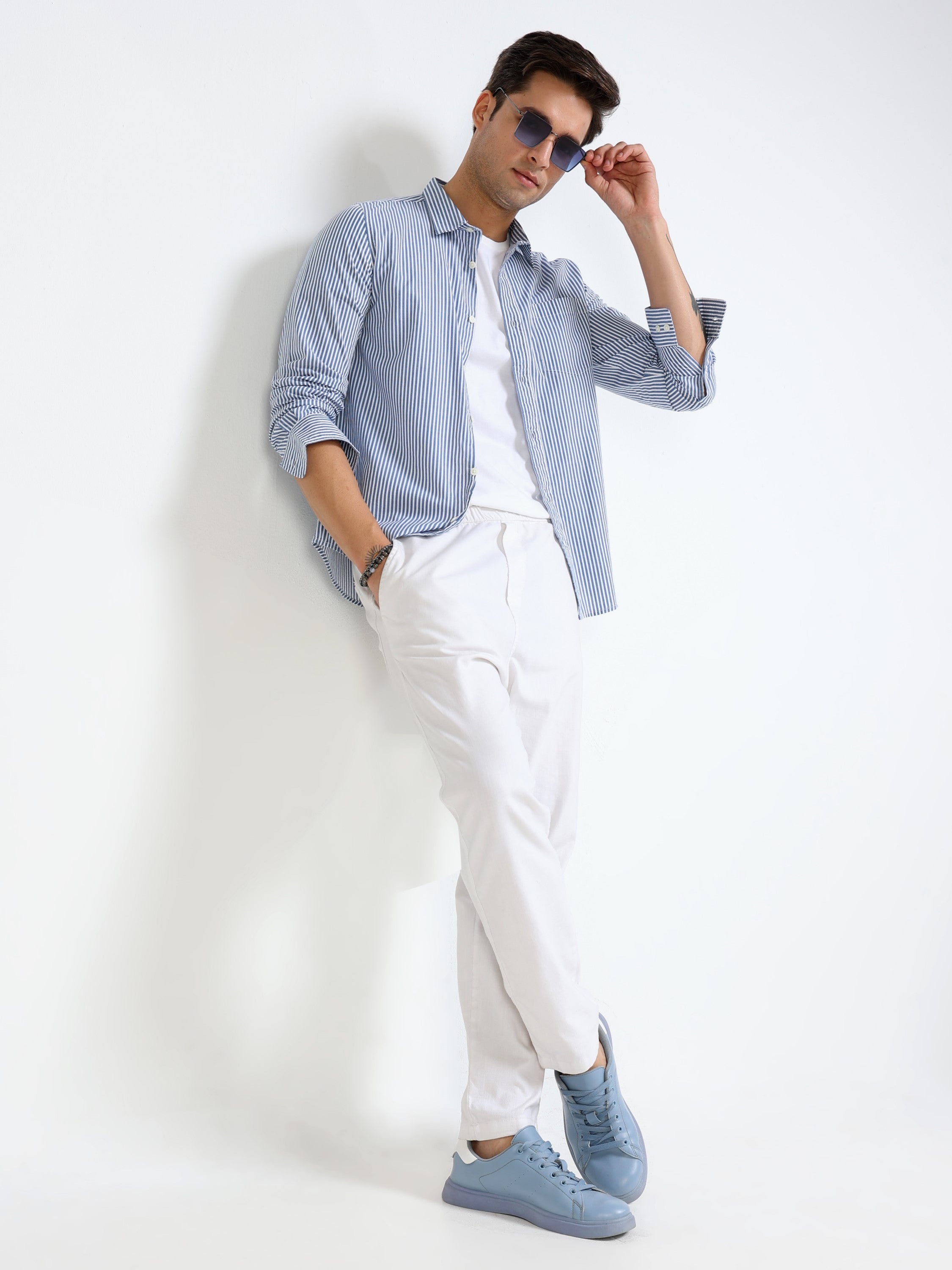 Men Blue & White Stripe Slim Fit Shirt