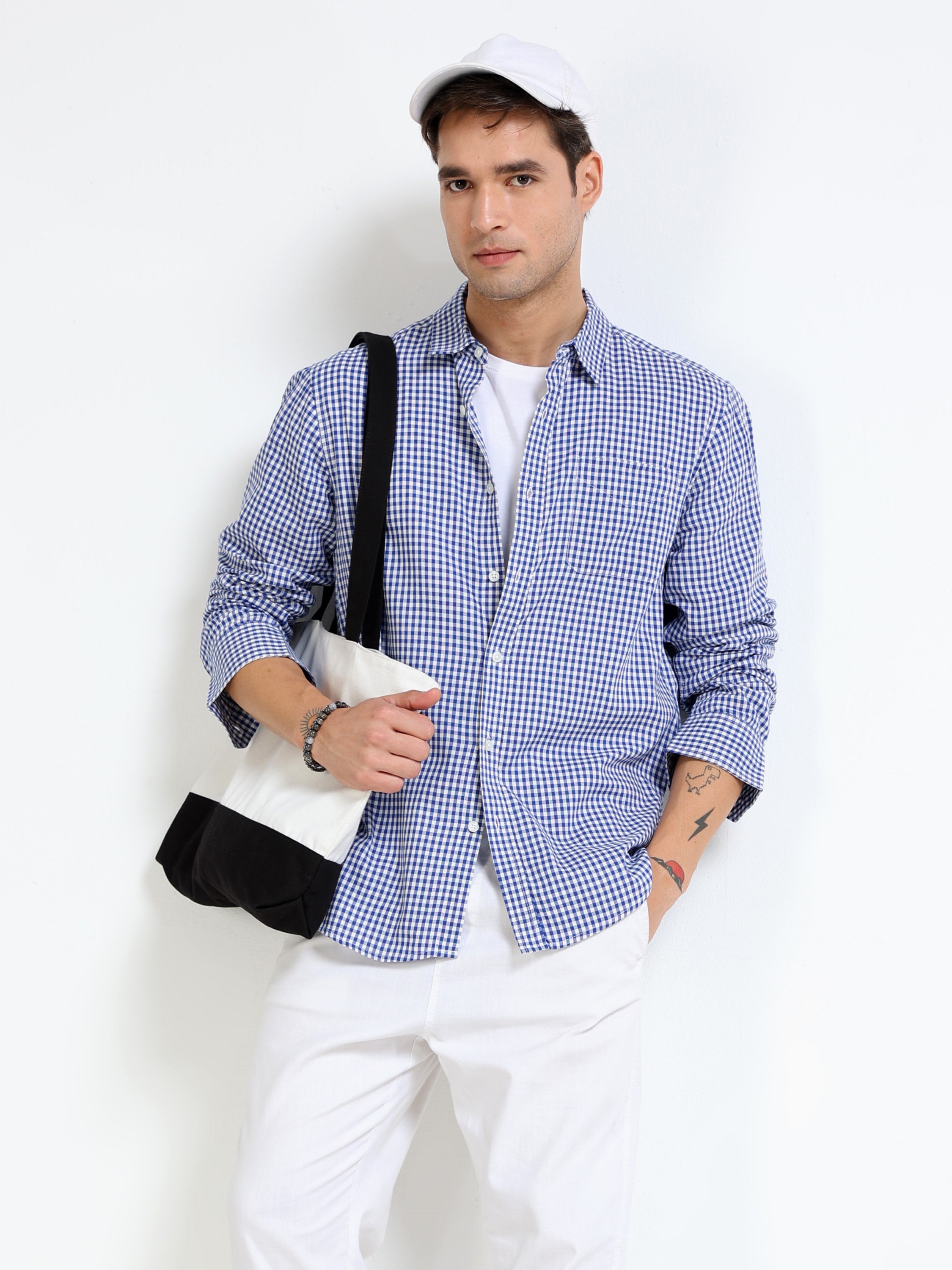 Men Blue & White Check Slim Fit Shirt