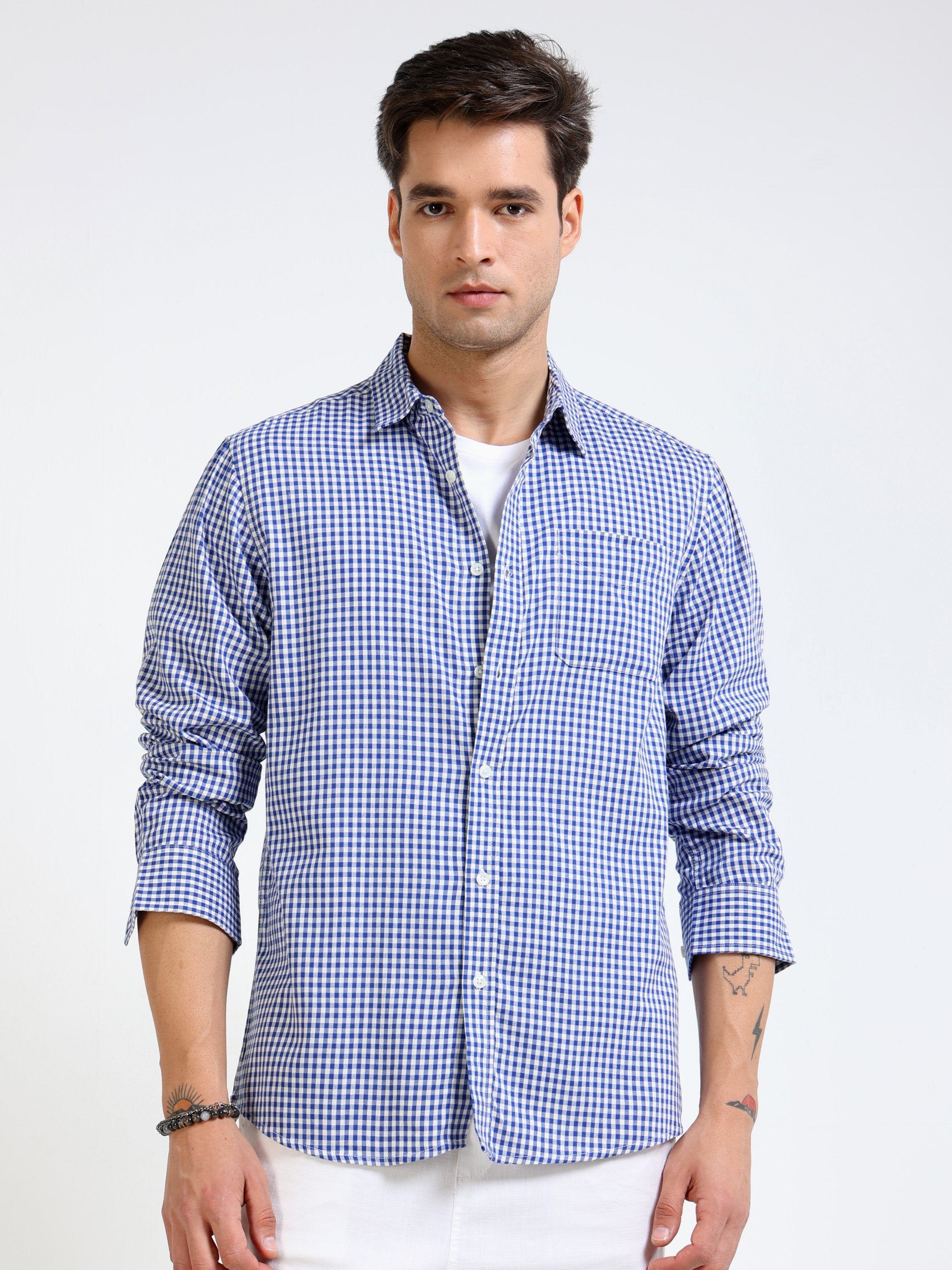 Men Blue & White Check Slim Fit Shirt