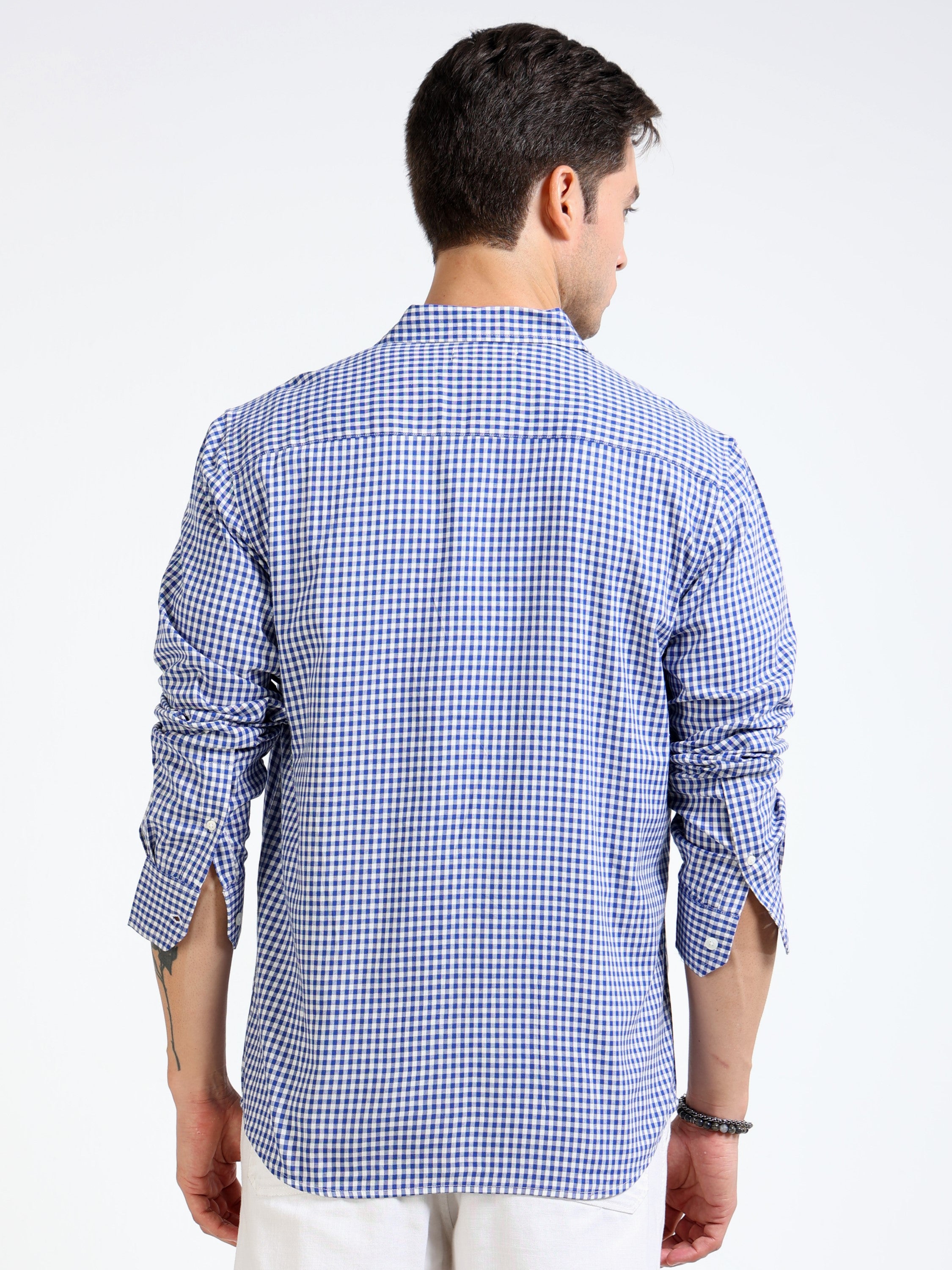 Men Blue & White Check Slim Fit Shirt
