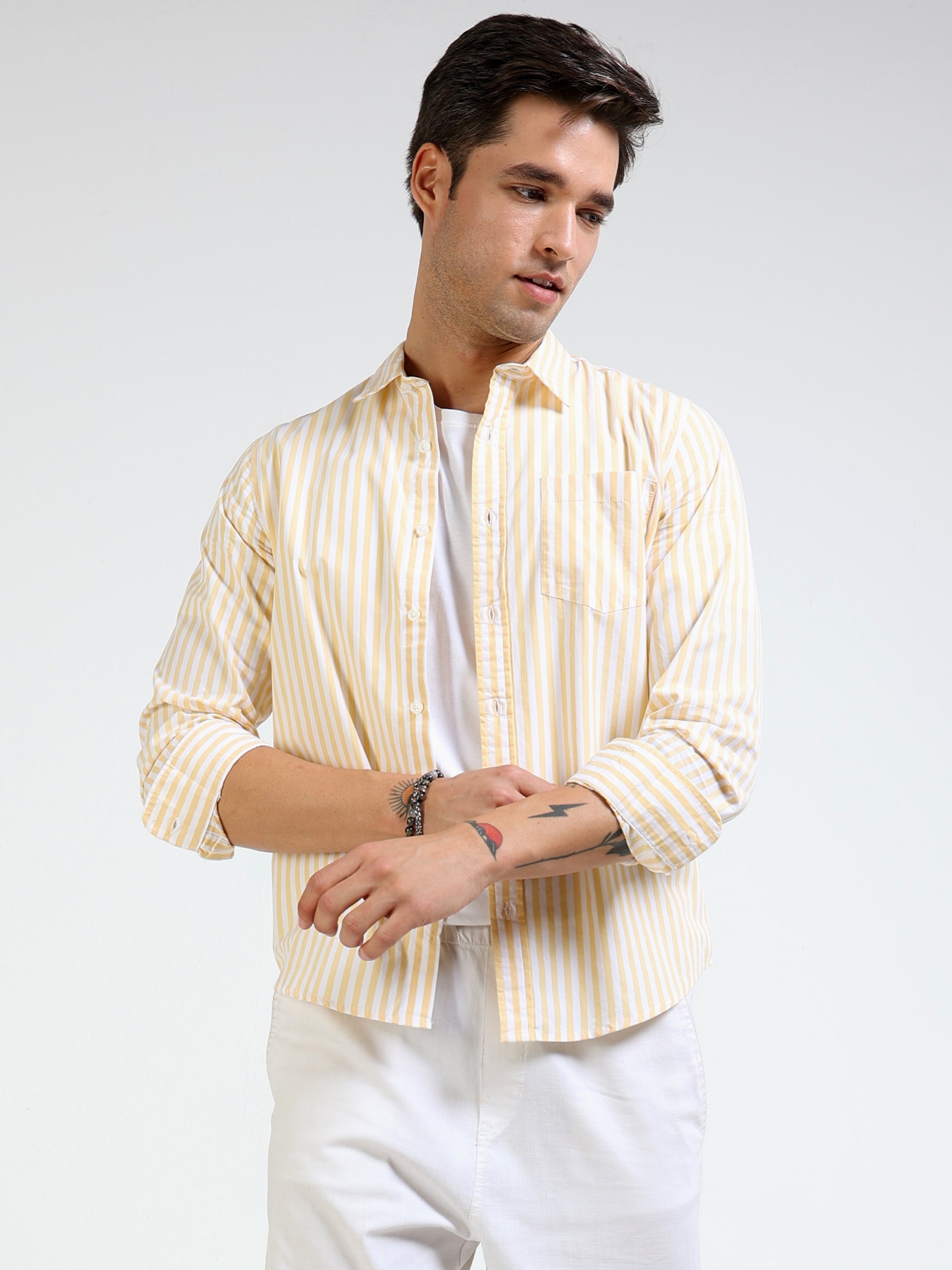 Men Yellow & White Stripe Slim Fit Shirt