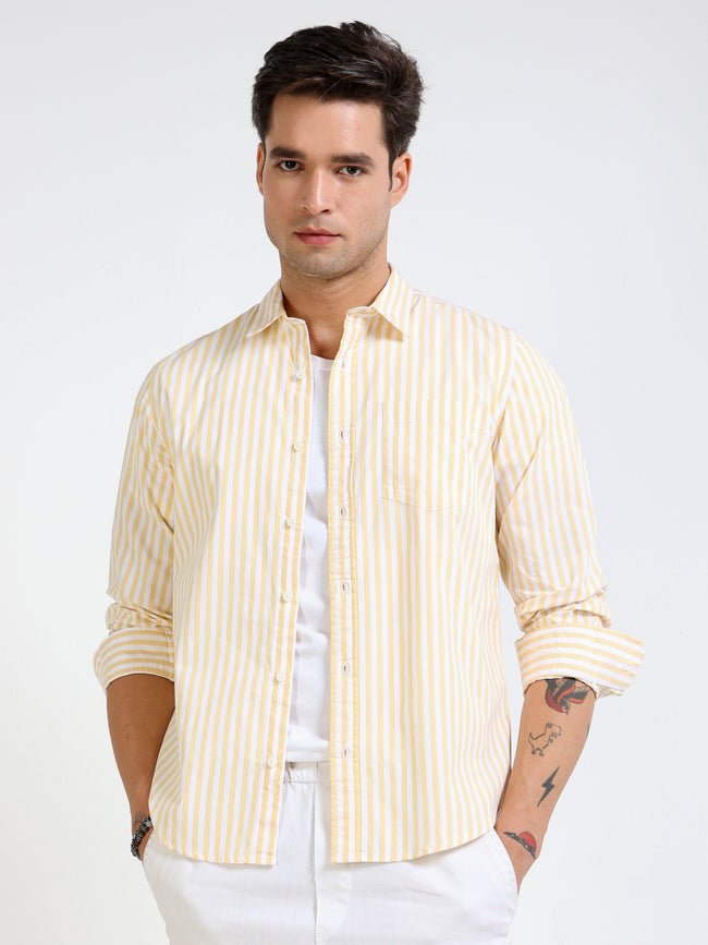 Men Yellow & White Stripe Slim Fit Shirt