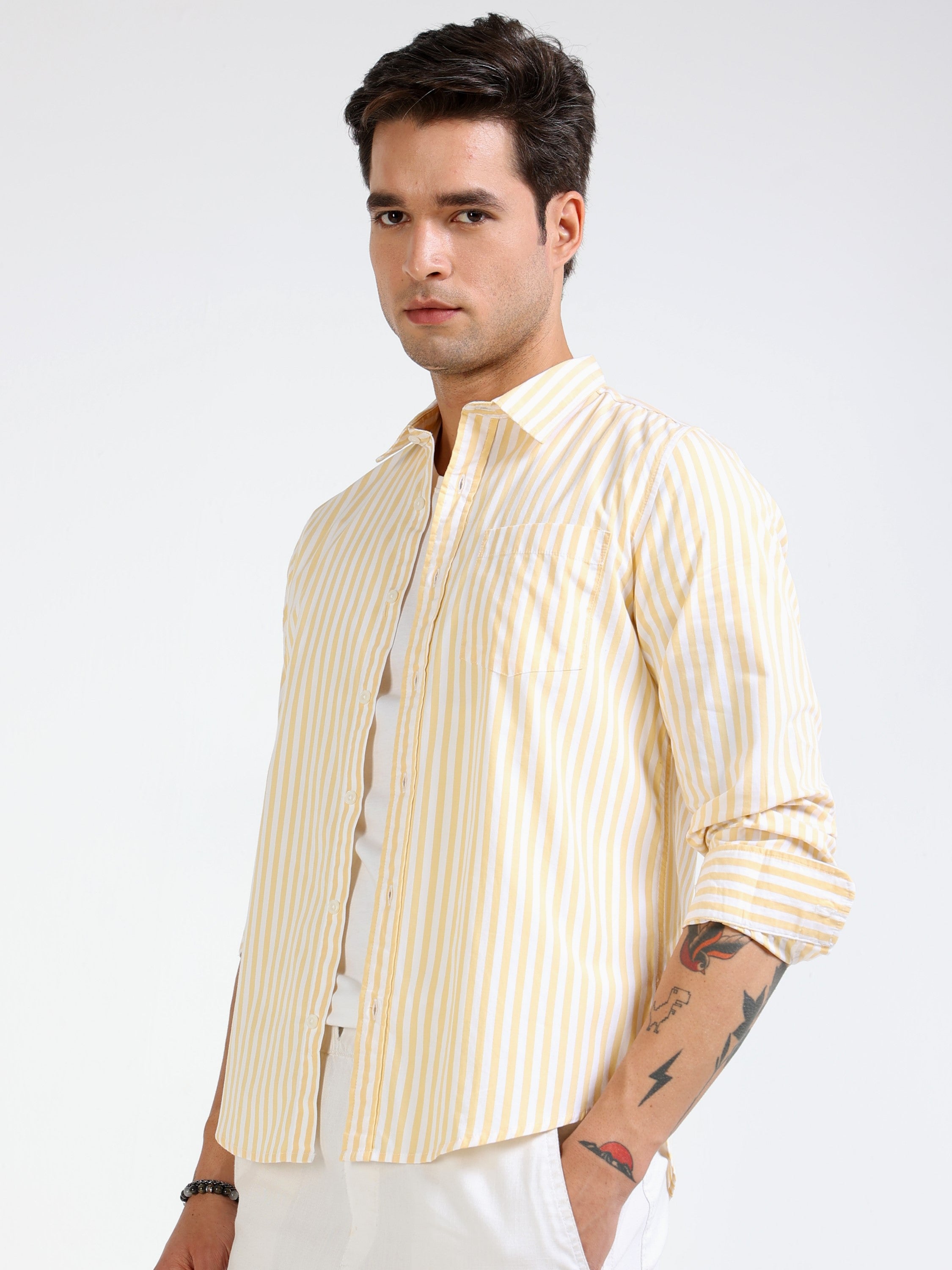 Men Yellow & White Stripe Slim Fit Shirt