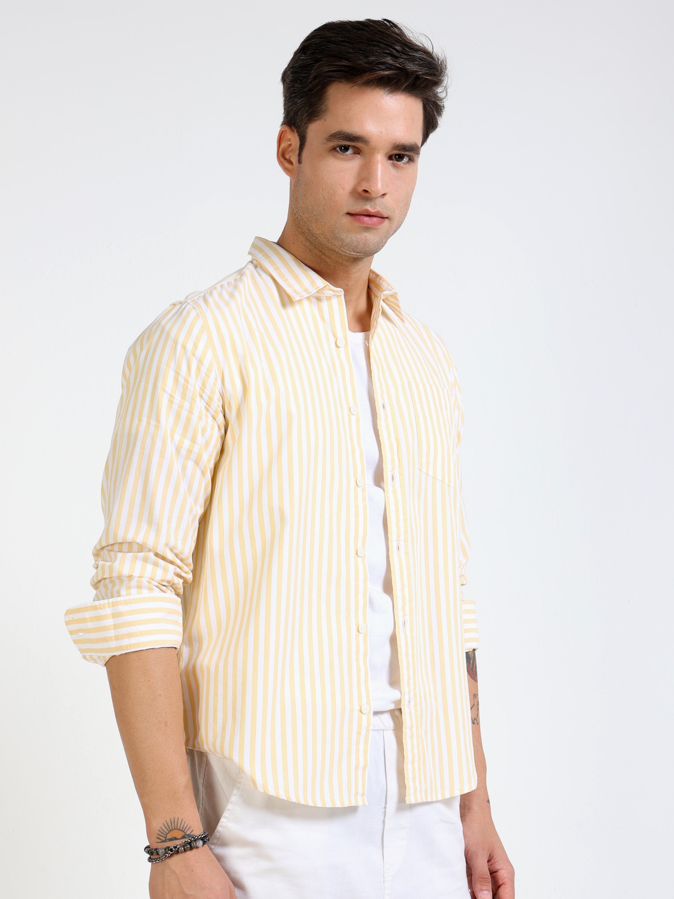 Men Yellow & White Stripe Slim Fit Shirt