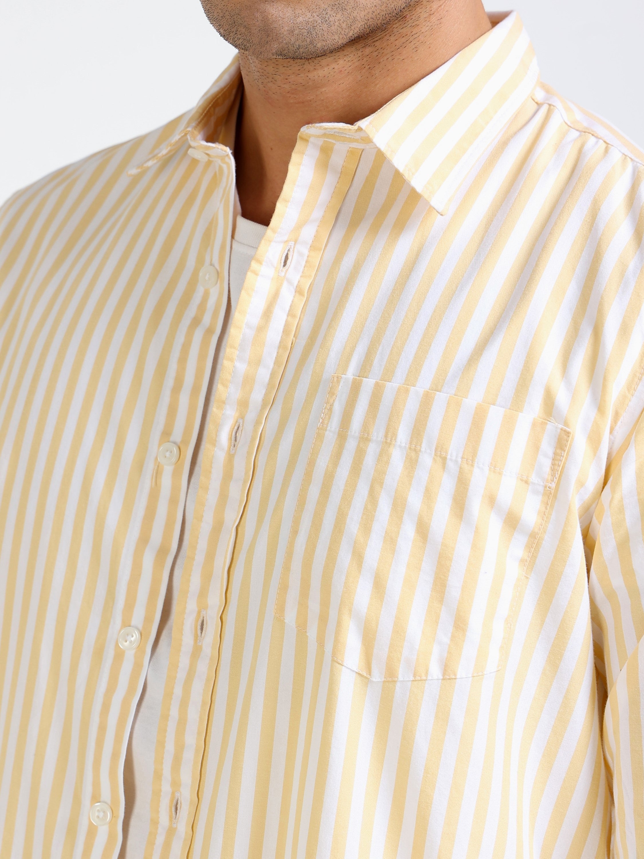 Men Yellow & White Stripe Slim Fit Shirt