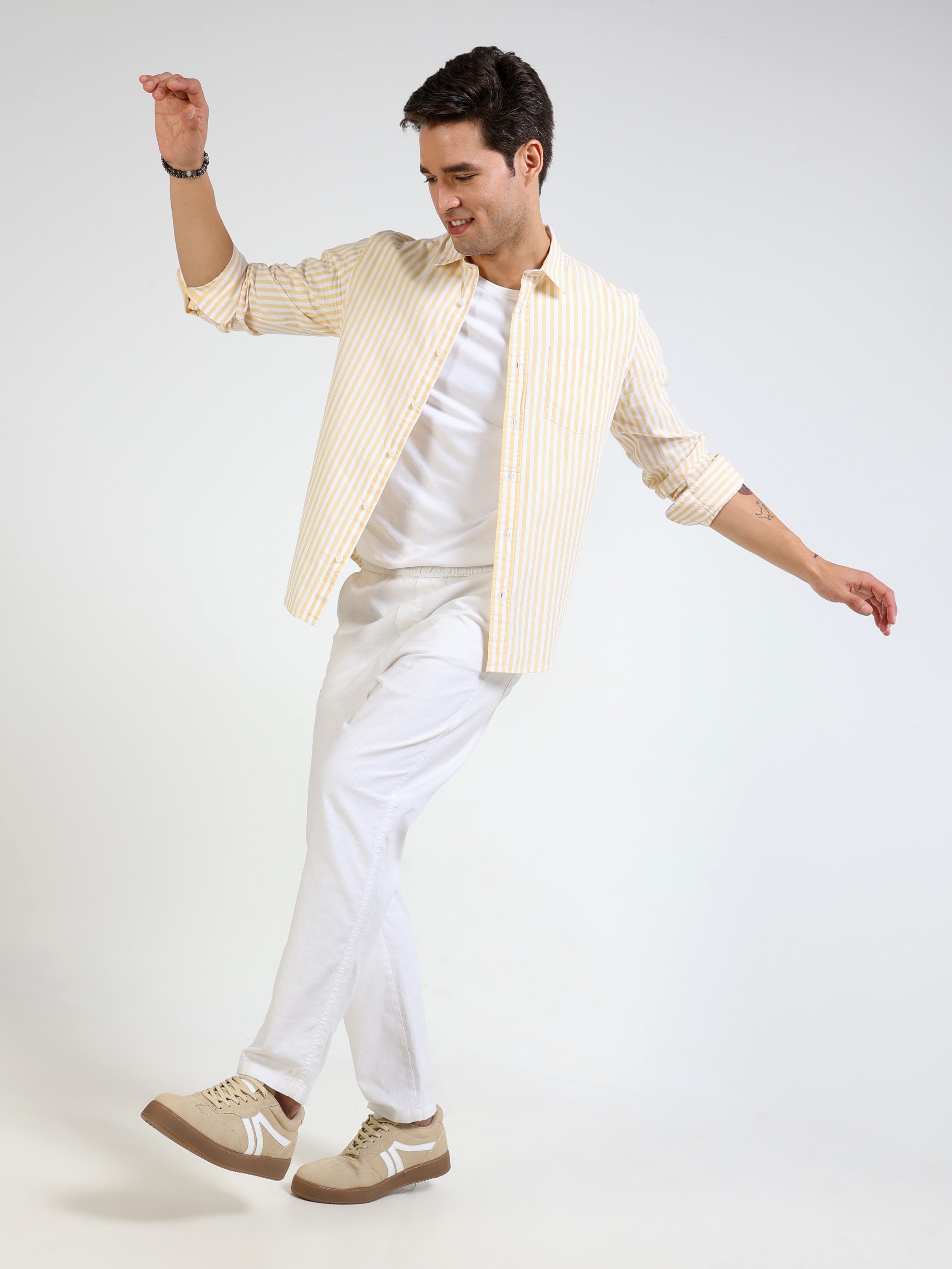 Men Yellow & White Stripe Slim Fit Shirt