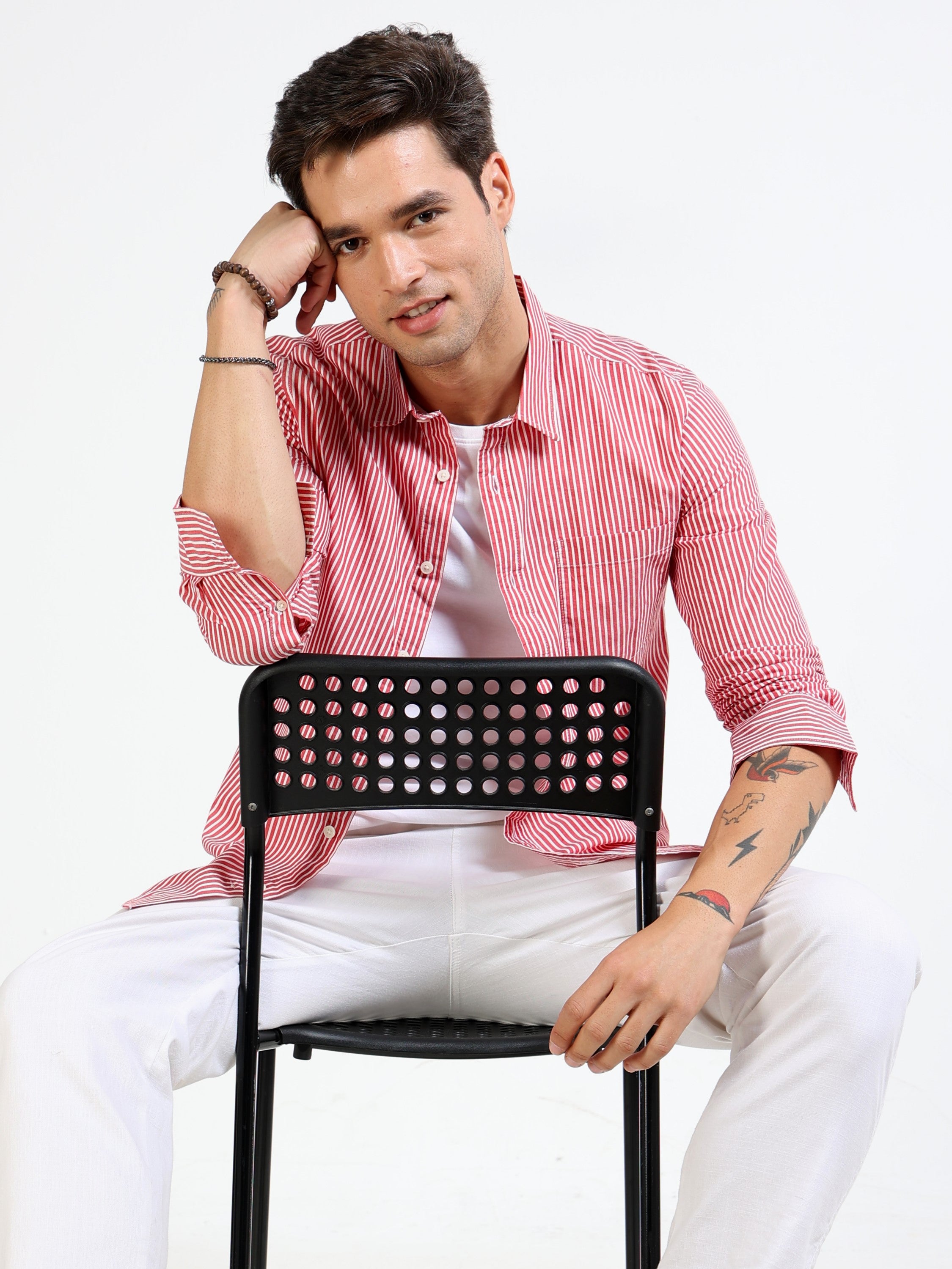 Men Red & White Stripe Slim Fit Shirt