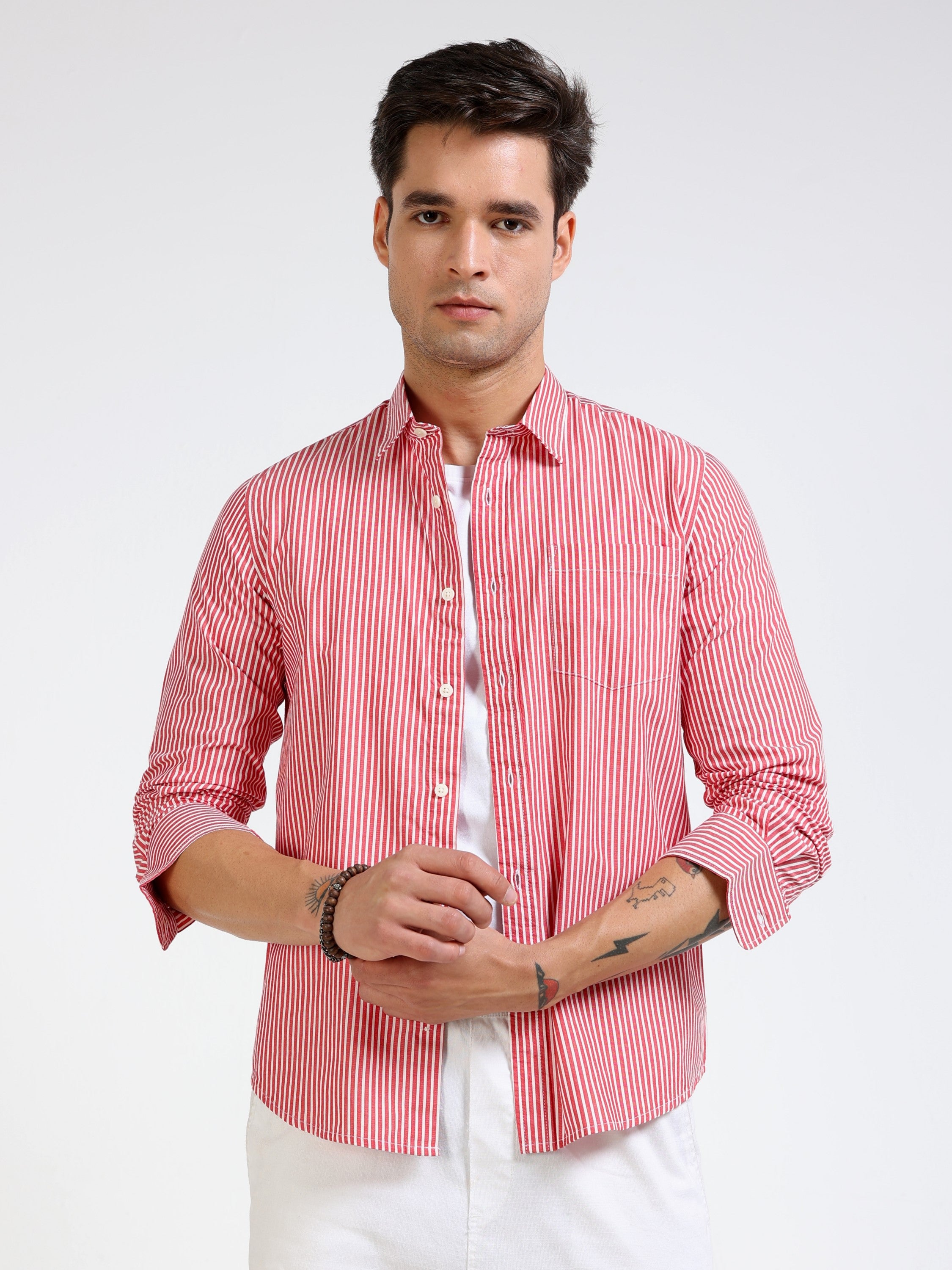 Men Red & White Stripe Slim Fit Shirt